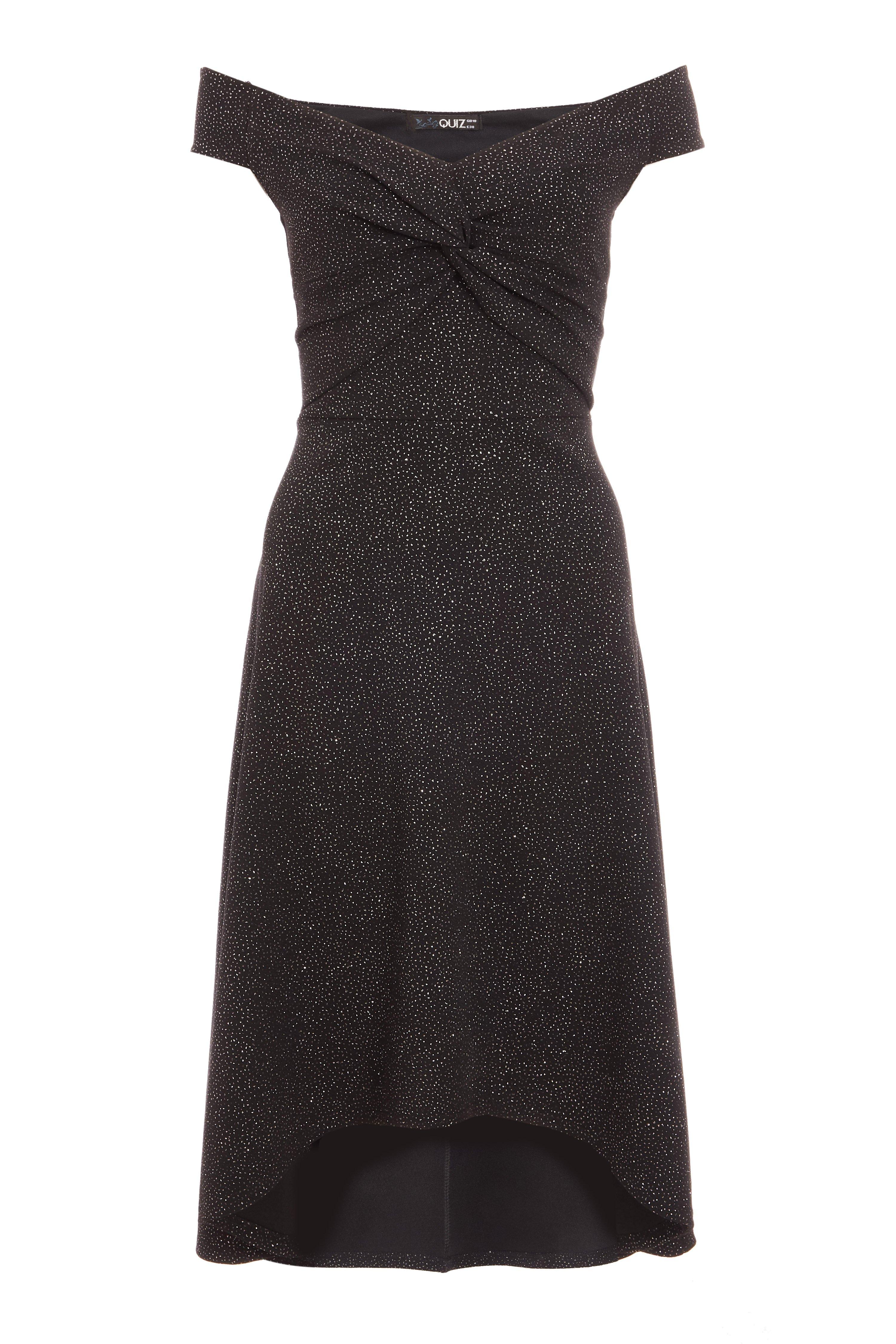 Black Bardot Knot Front Glitter Dip Hem Dress - Quiz Clothing