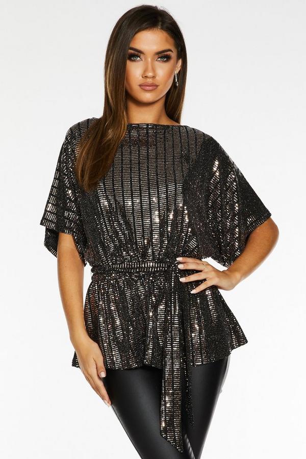 Gold and Black Sequin Batwing Belted Top - Quiz Clothing