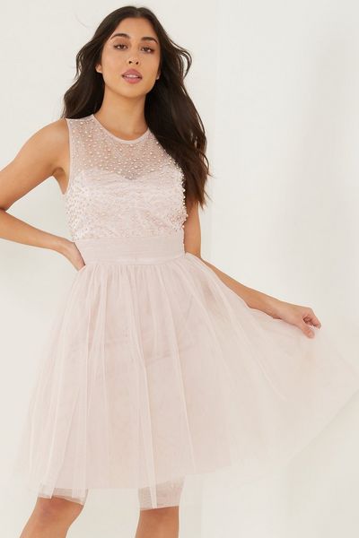 Pink Mesh Sweetheart Embellished Dress