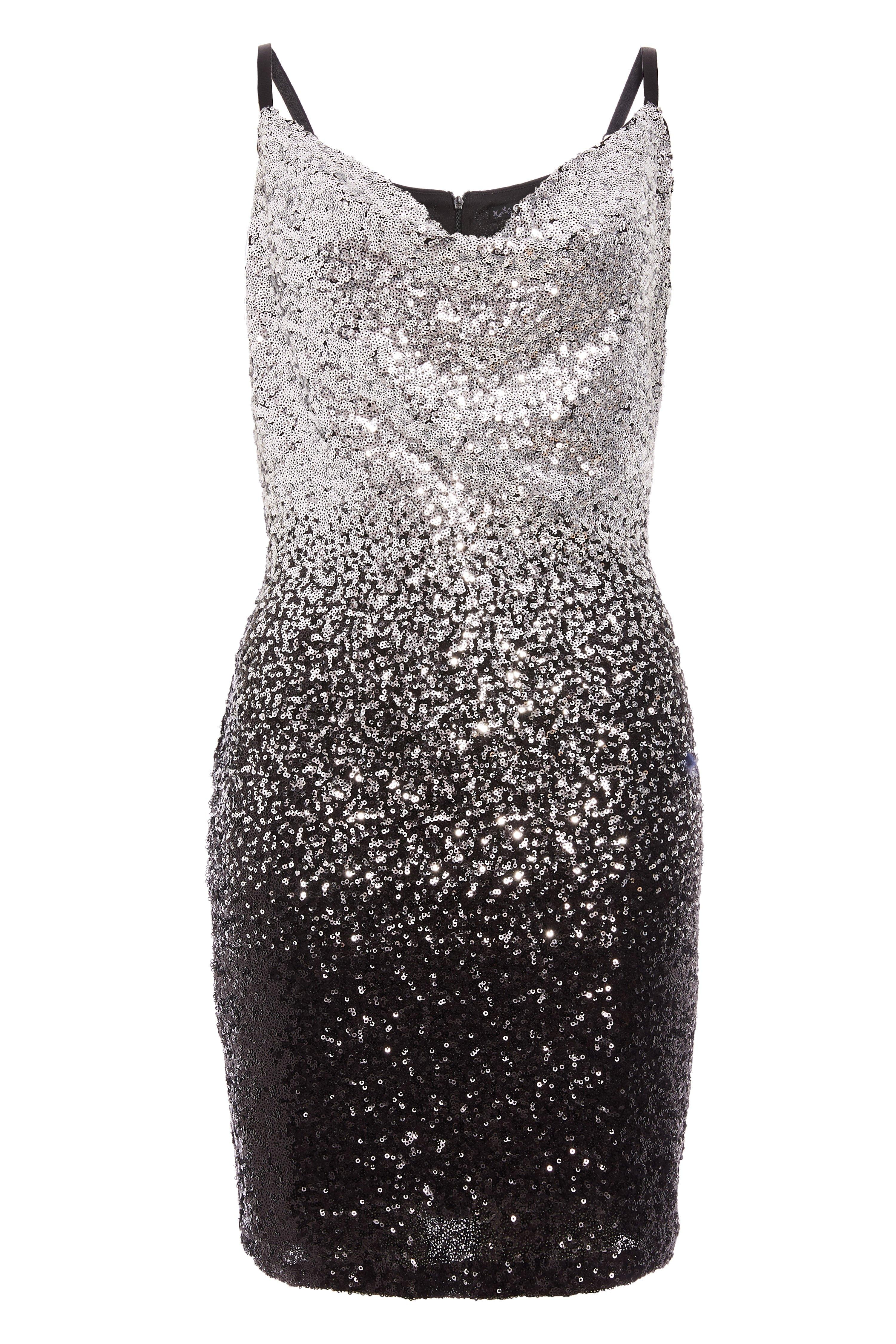 Black and Silver Ombre Sequin Cowl Neck Dress - Quiz Clothing