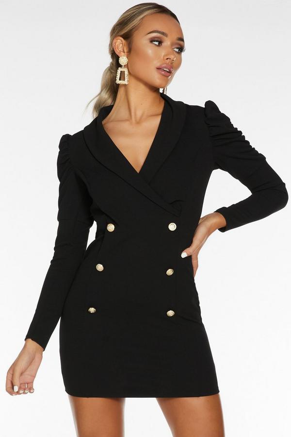 Black Ruched Puff Sleeve Blazer Dress - Quiz Clothing