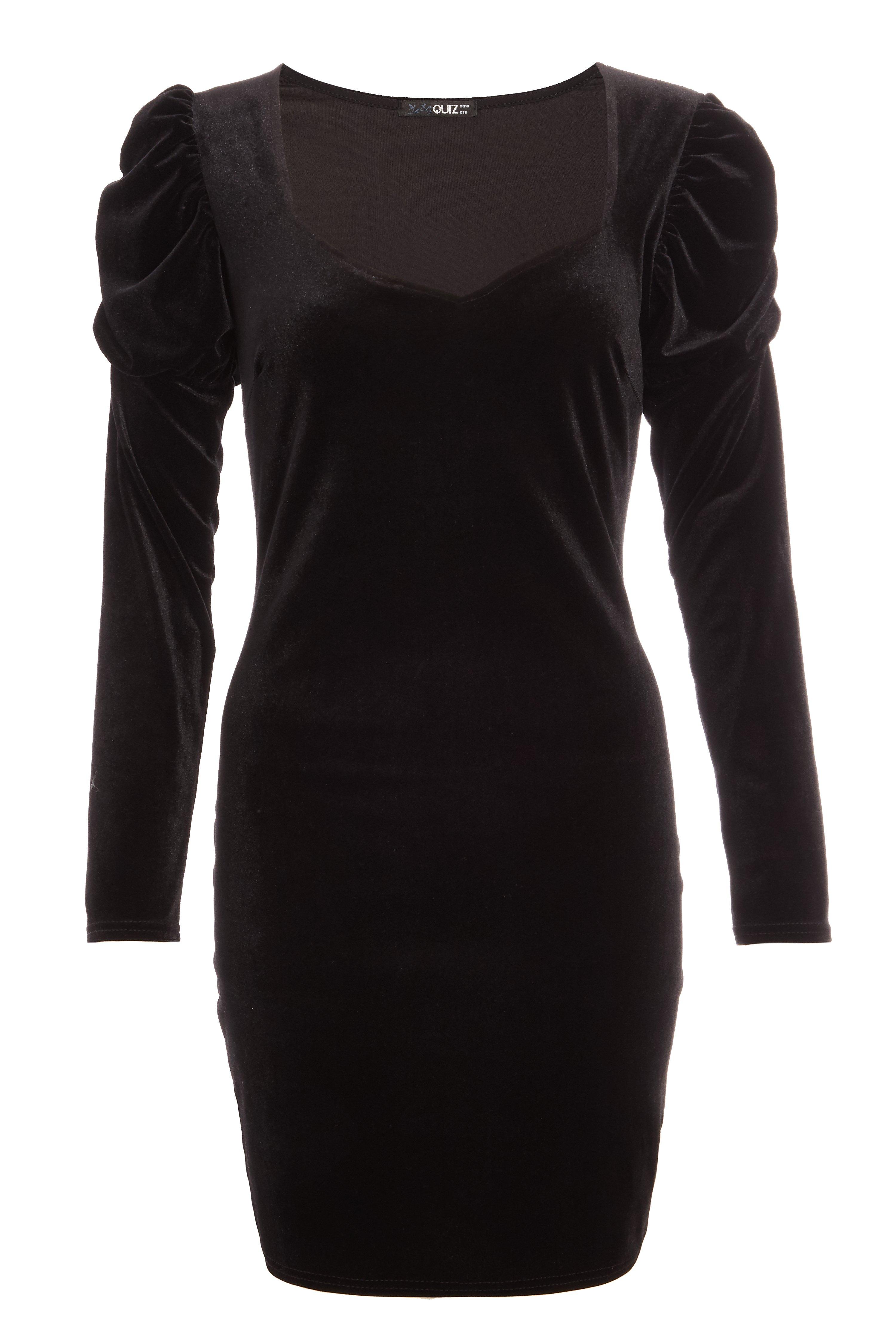 Black Velvet Puff Sleeve Bodycon Dress - Quiz Clothing