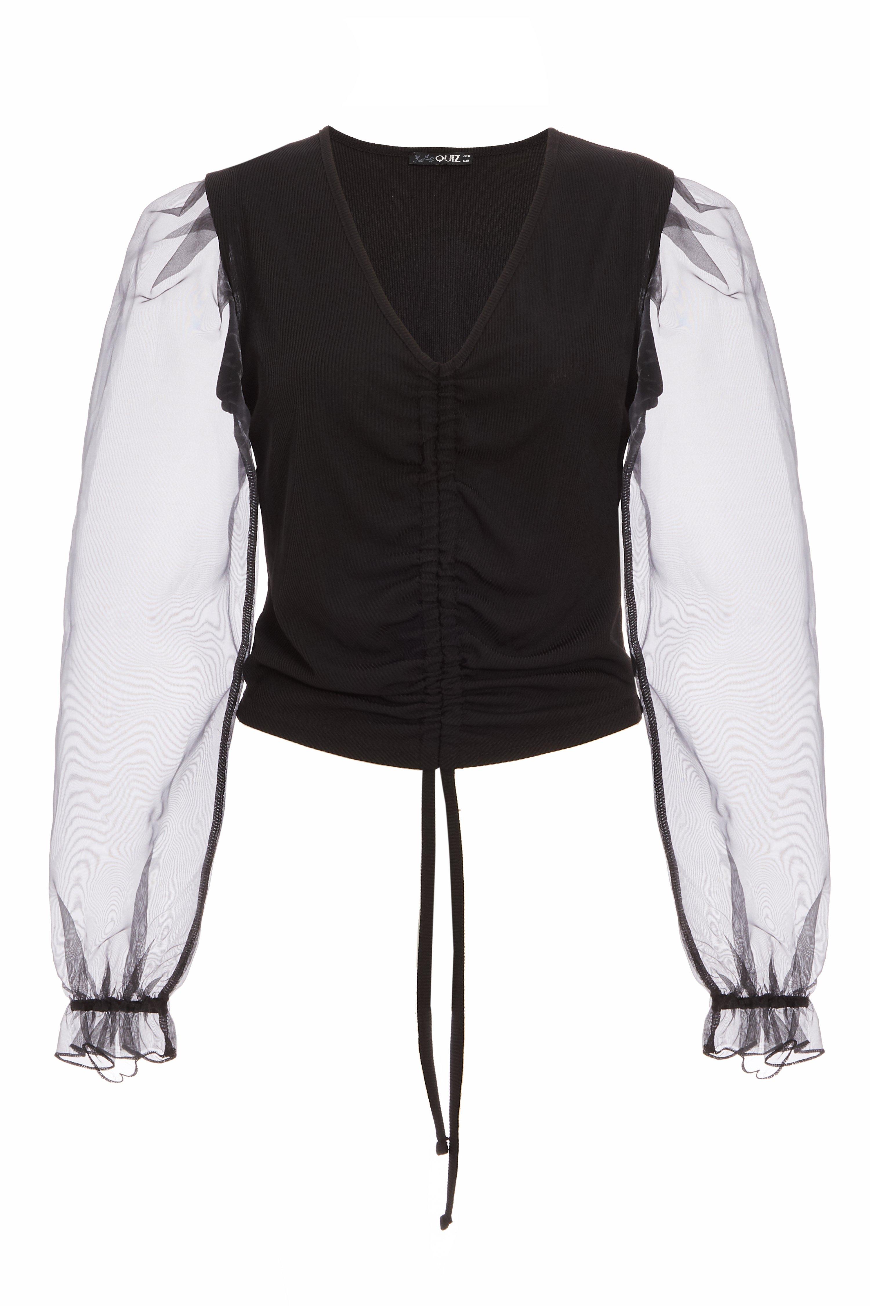 Black Ribbed Organza Puff Sleeve Crop Top - Quiz Clothing