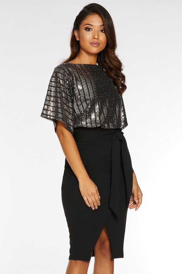 Petite Rose Gold and Black Sequin Batwing Midi Dress