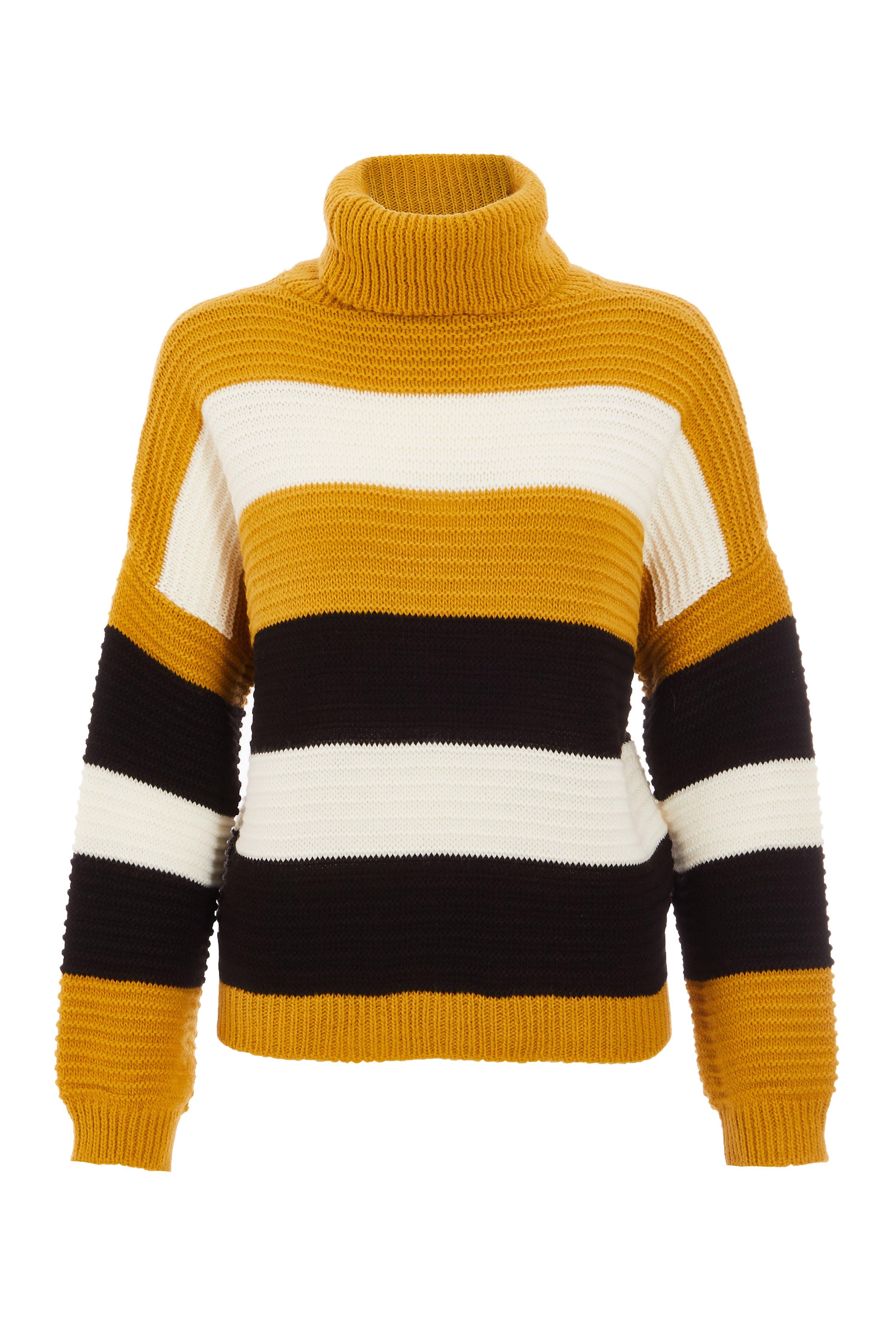 Mustard Cream and Black Stripe Knit Roll Neck Jumper - Quiz Clothing