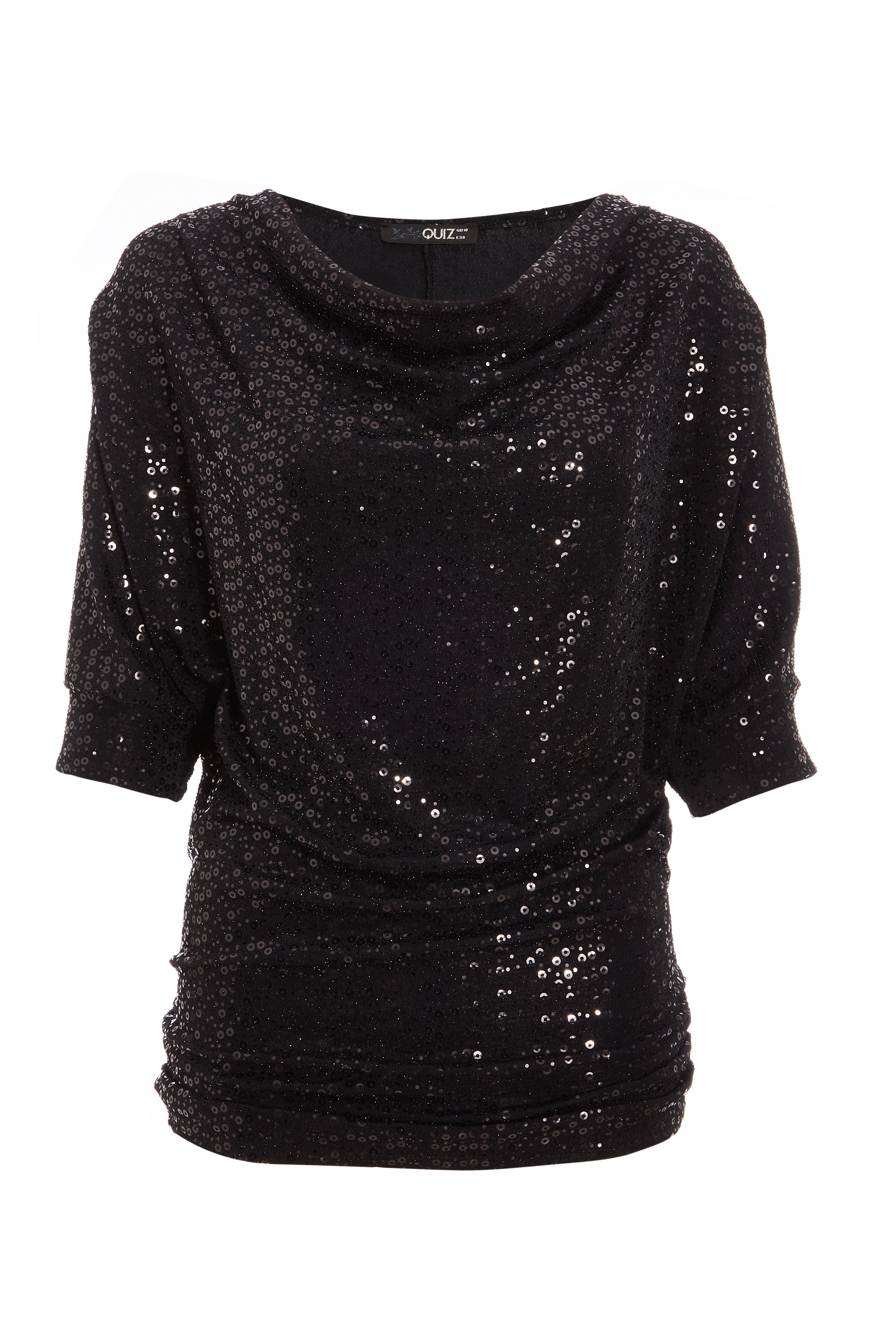 Black Glitter Cowl Neck Top - Quiz Clothing