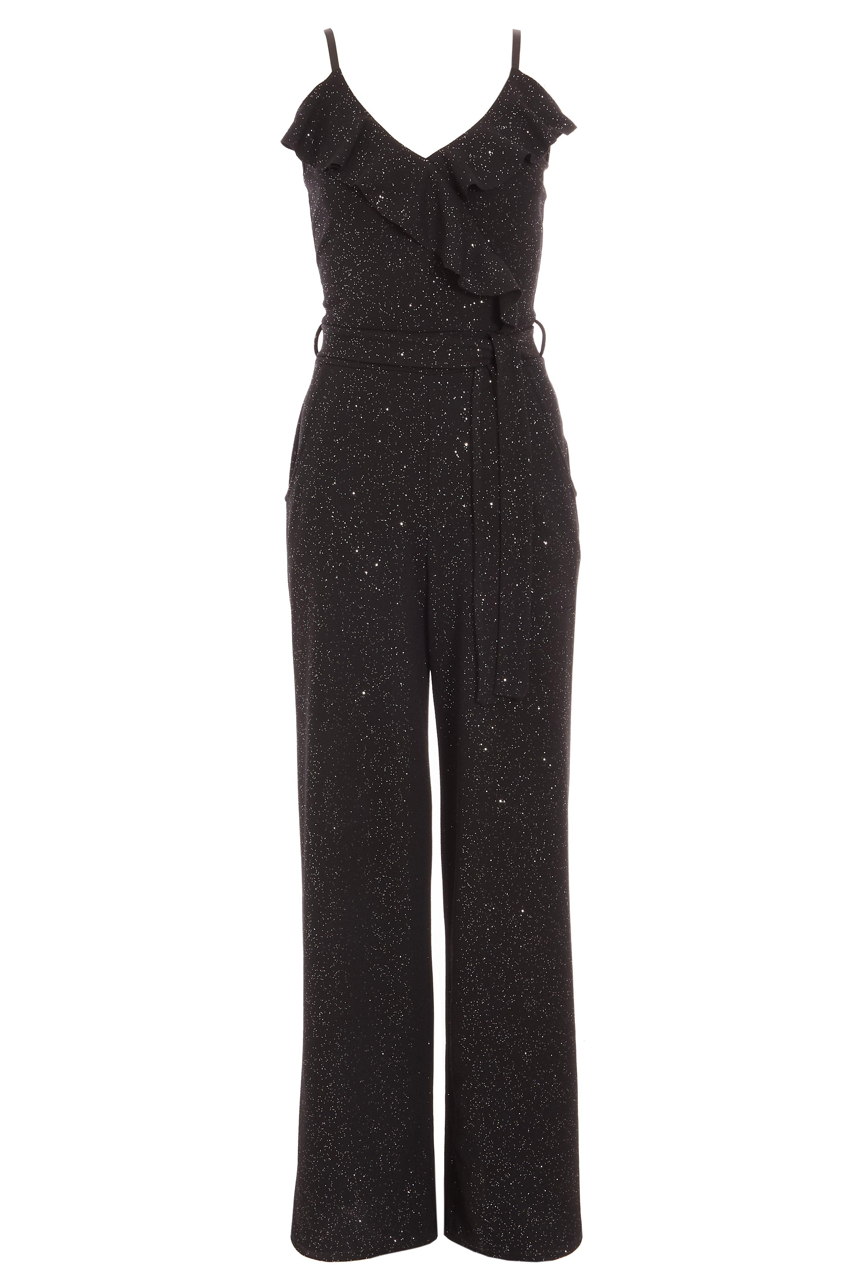 Black Glitter Frill V Neck Palazzo Jumpsuit - Quiz Clothing