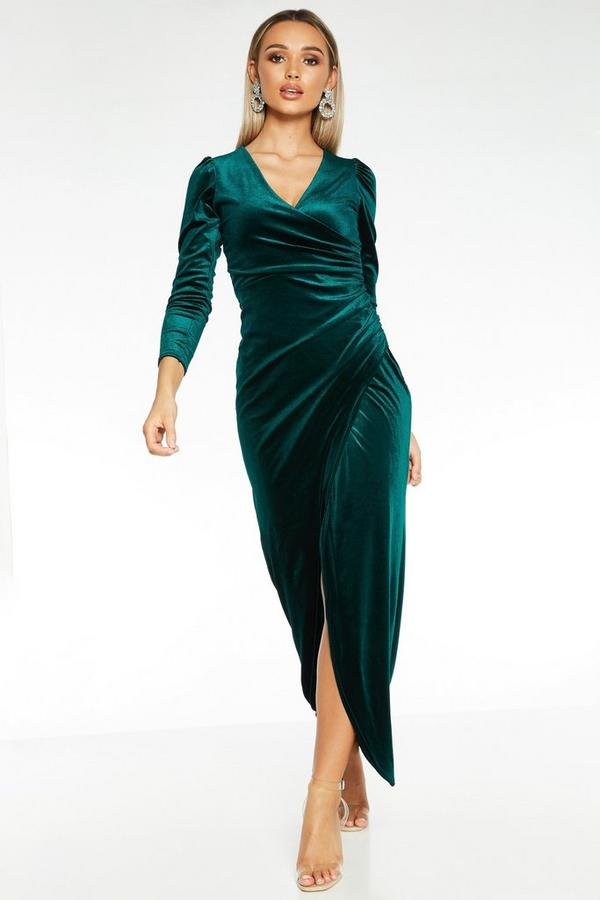 Bottle Green Velvet Wrap Long Sleeve Maxi Dress - Quiz Clothing