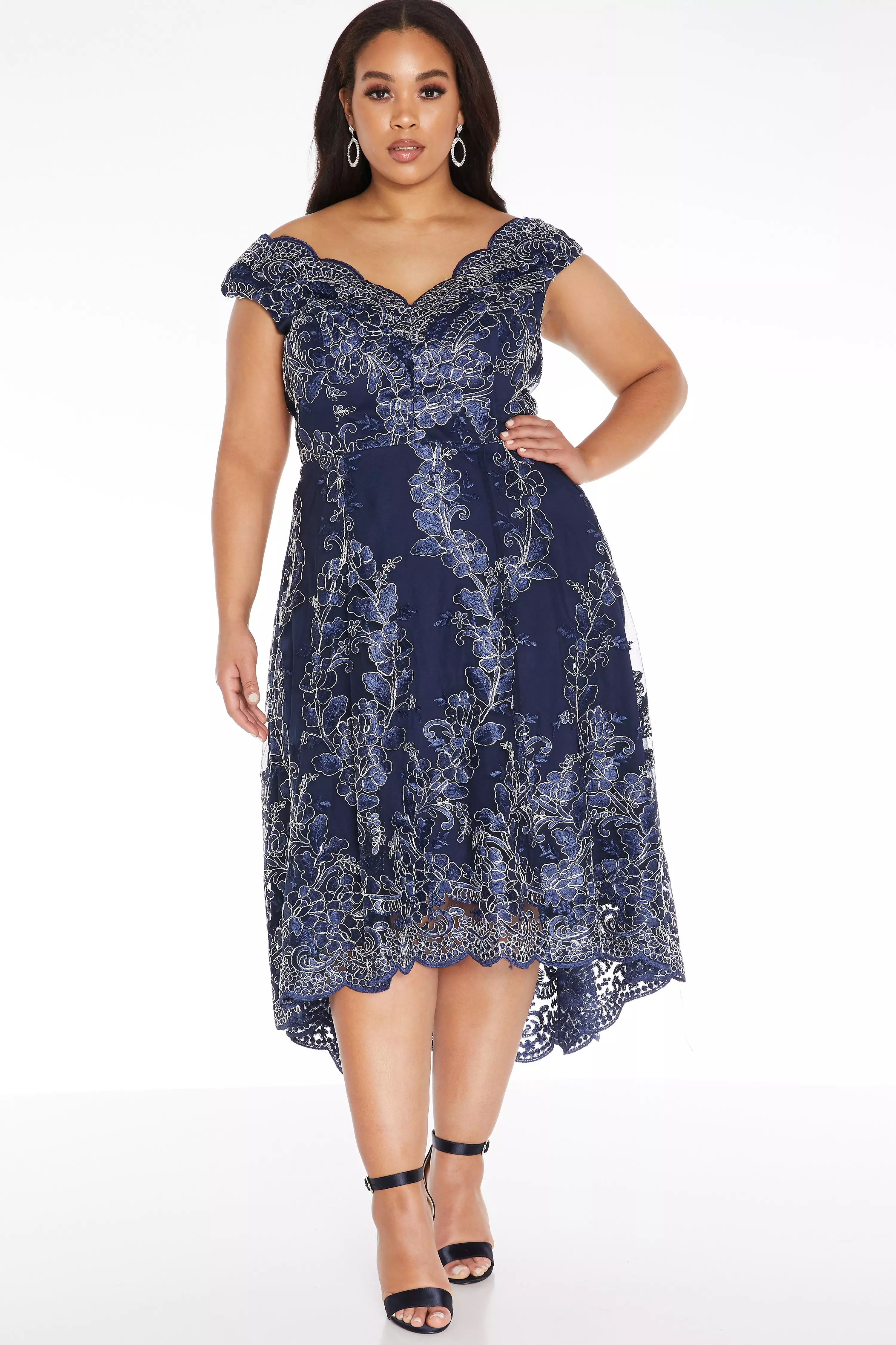 navy embroidered bardot dip hem dress