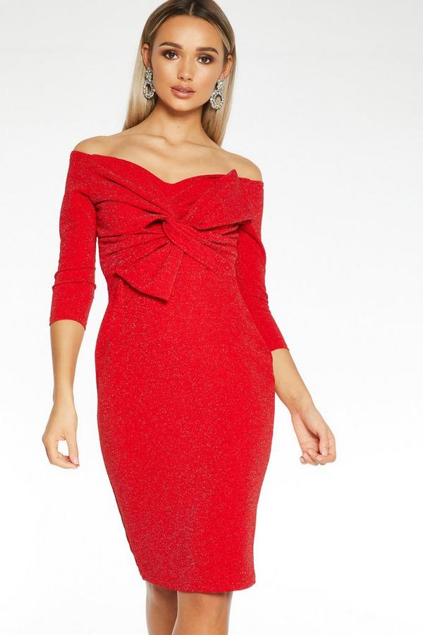 Red Glitter Bow Front Midi Dress - Quiz Clothing