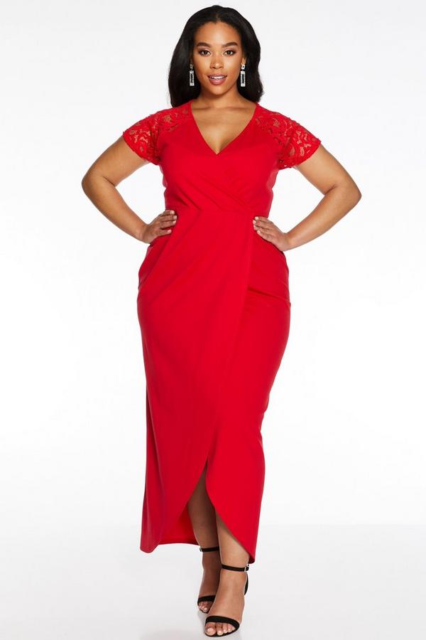 Curve Red Lace Sleeve Maxi Dress - Quiz Clothing