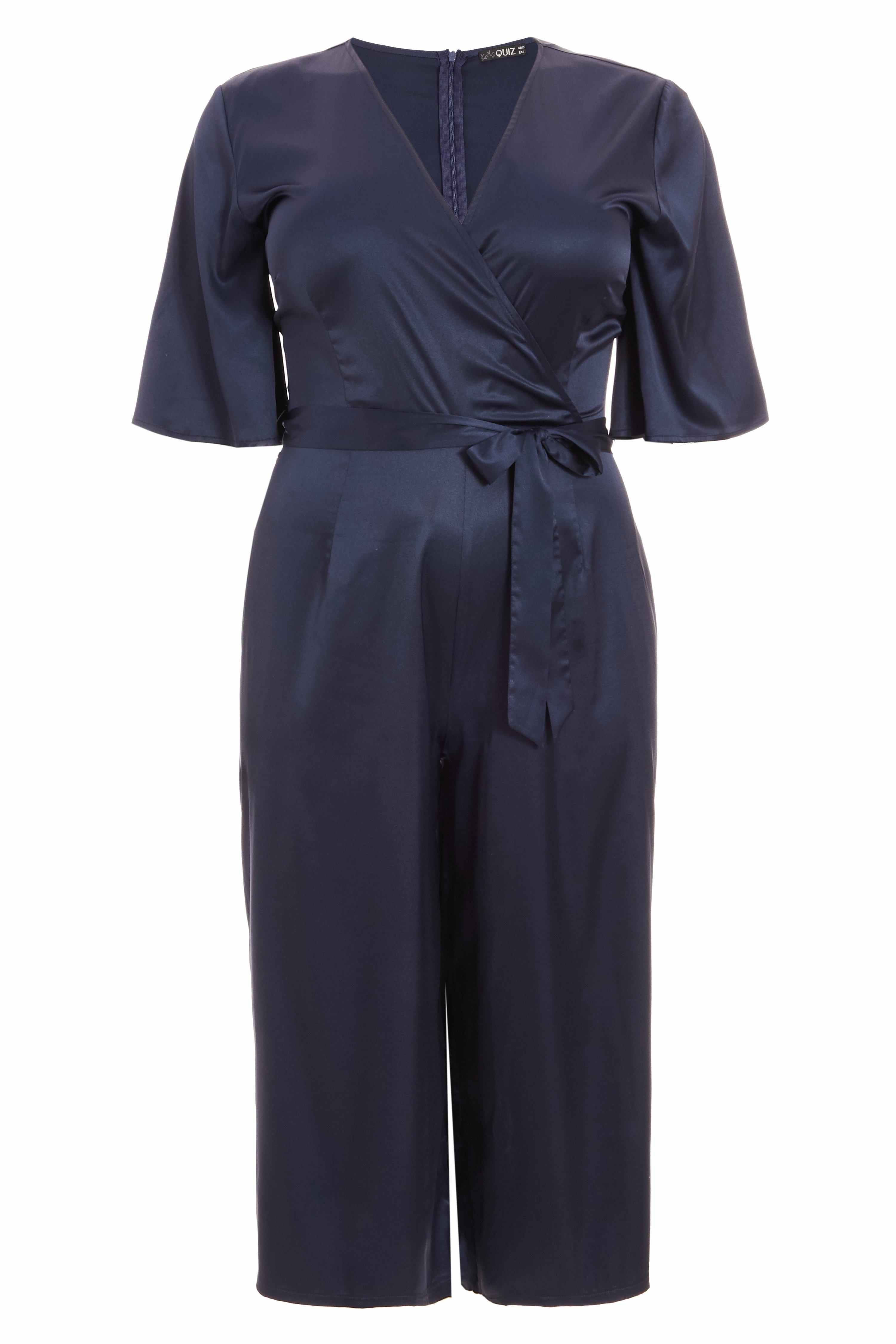 Curve Navy Satin Wrap Front Culotte Jumpsuit Quiz Clothing