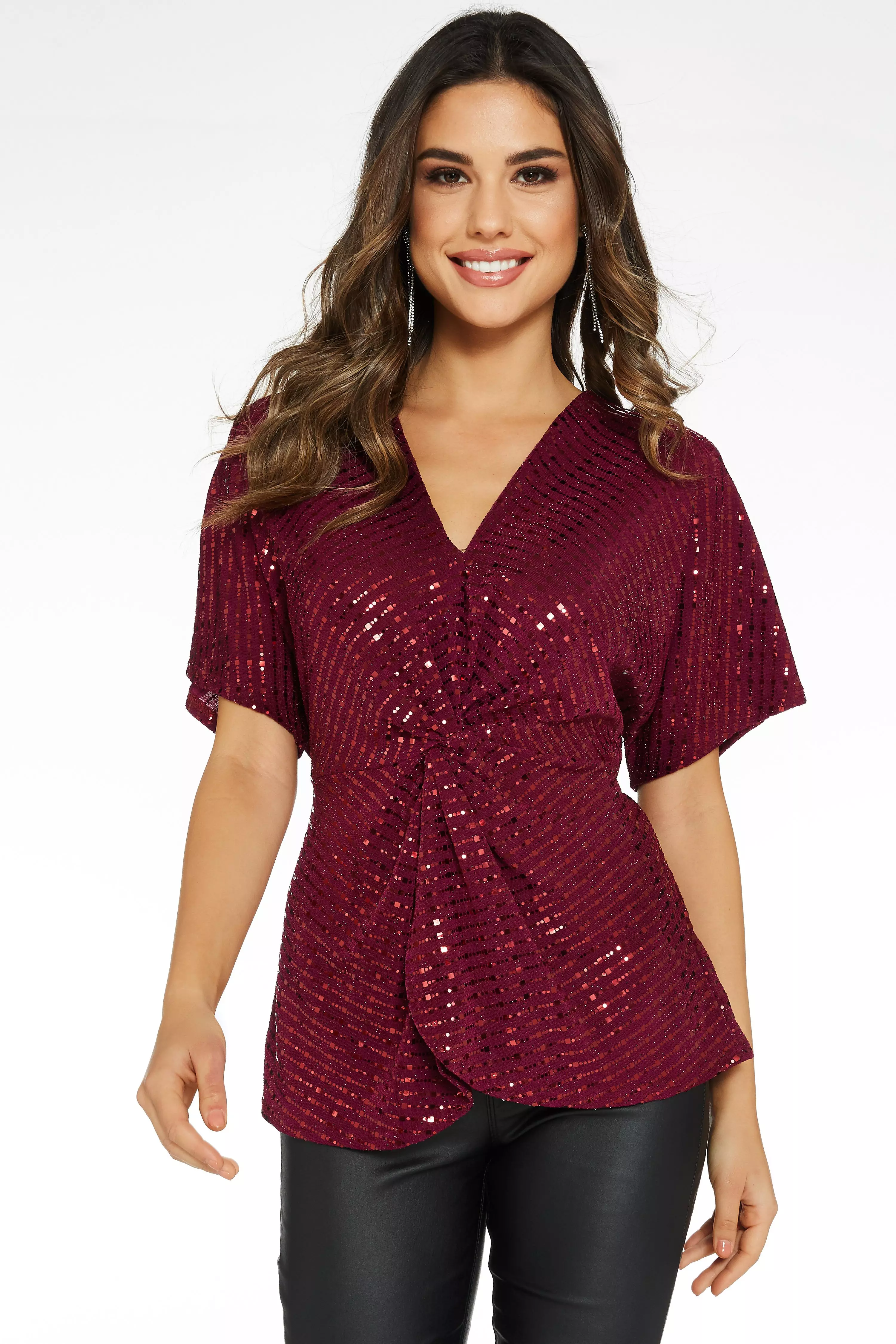 Berry Sequin Knot Front Top - Quiz Clothing
