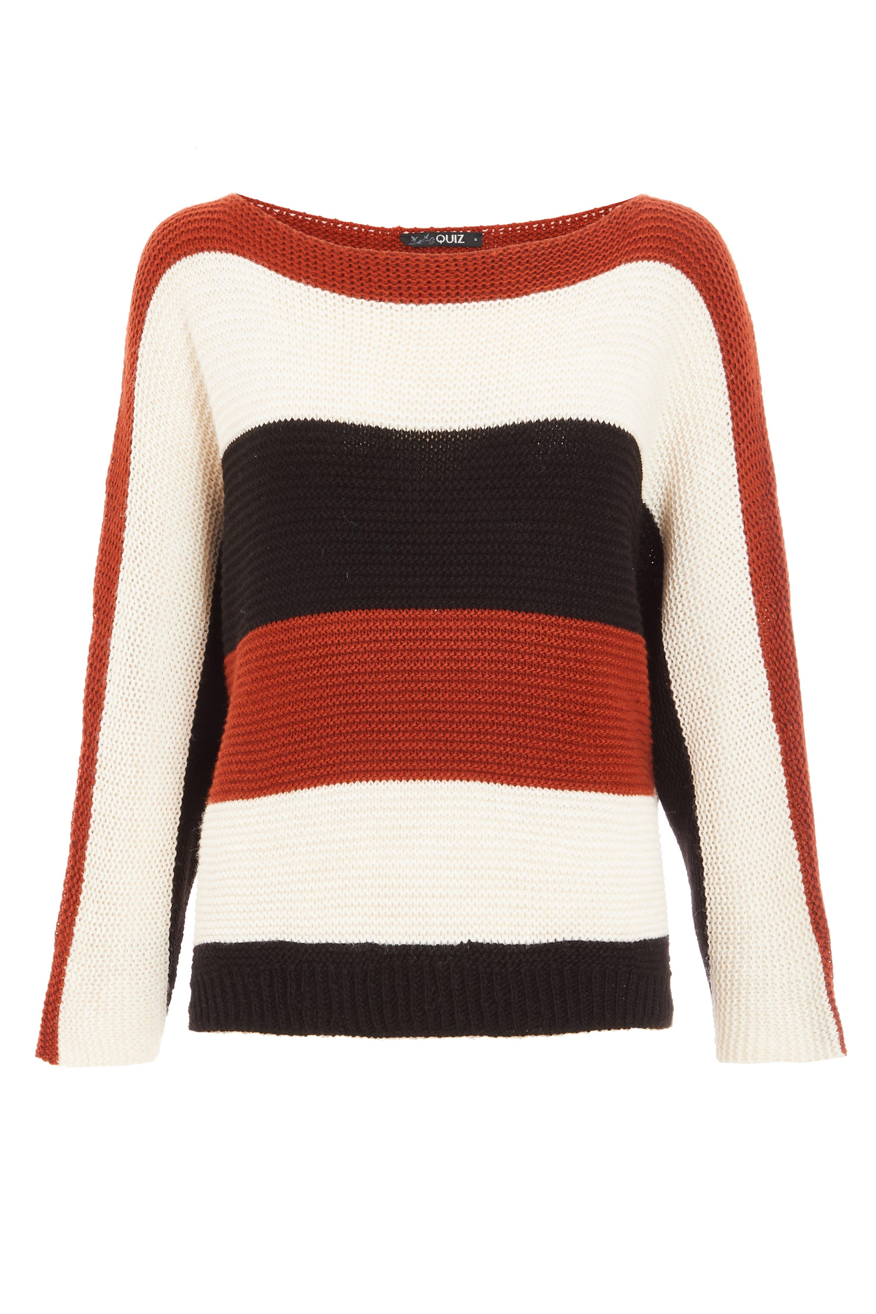 Cream Rust and Black Stripe Knit Jumper - Quiz Clothing