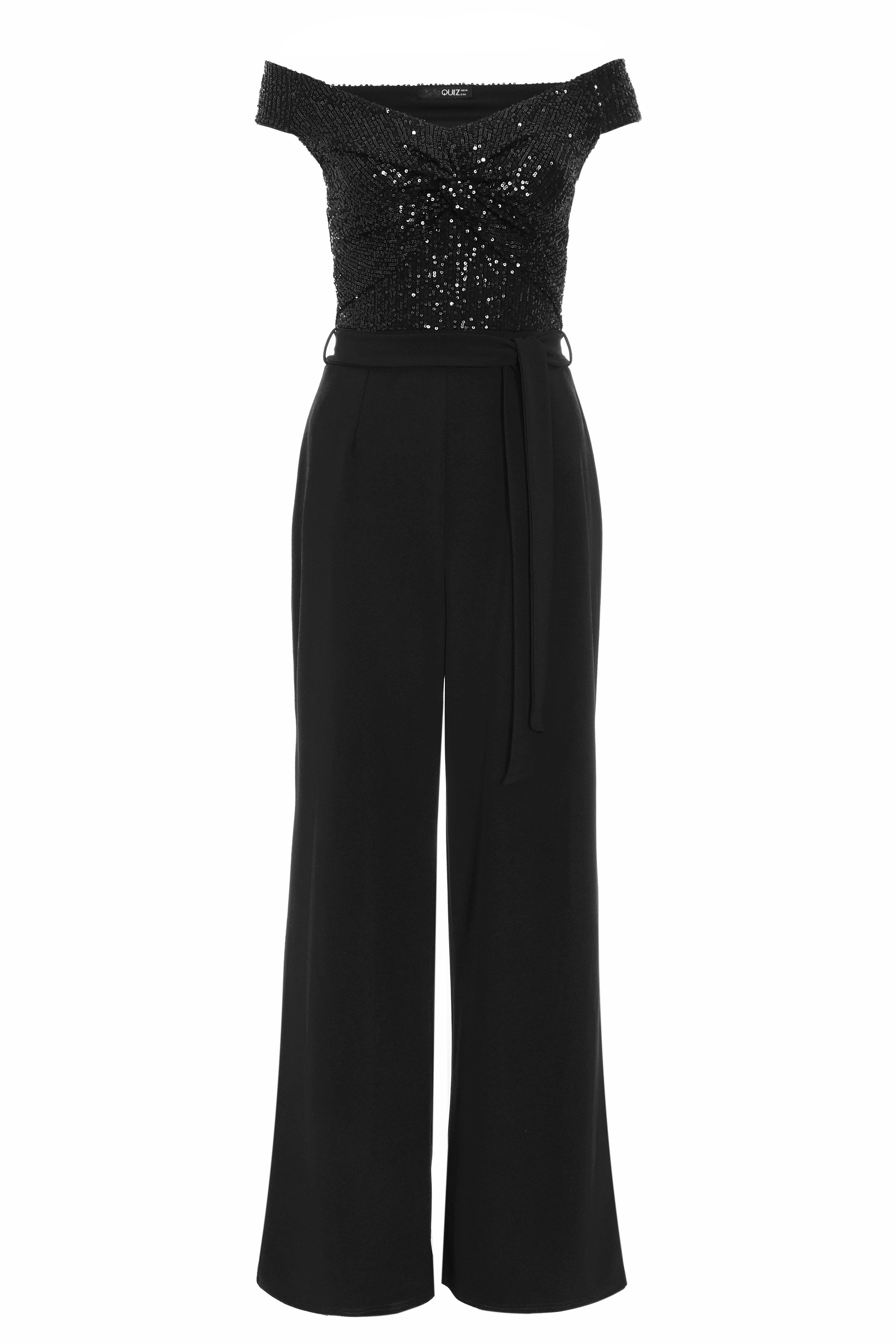 Black Sequin Bardot Jumpsuit - Quiz Clothing