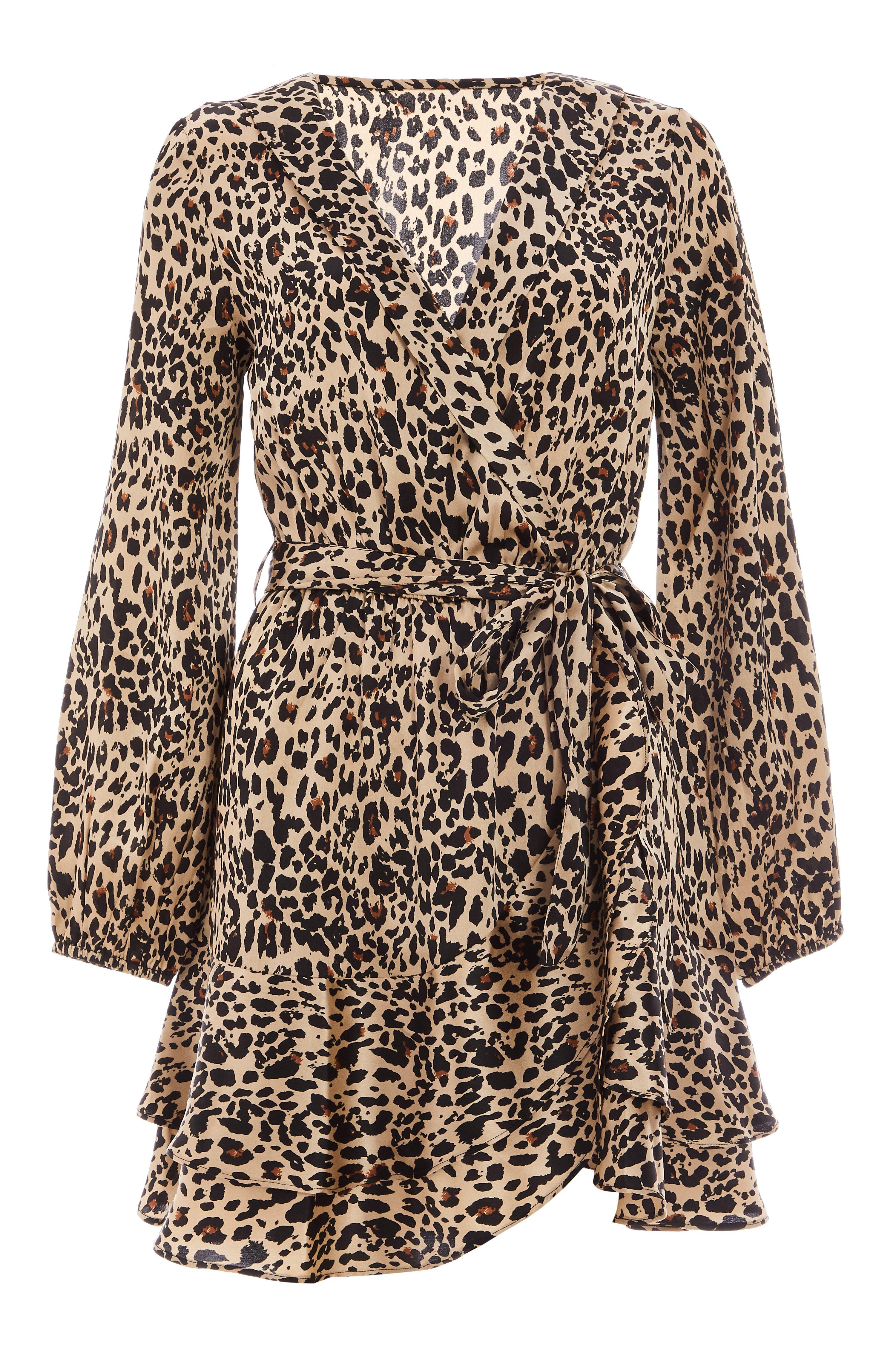 Brown Satin Leopard Print Dress - Quiz Clothing