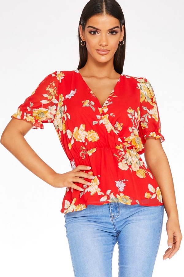 Red Floral Wrap Top - Quiz Clothing