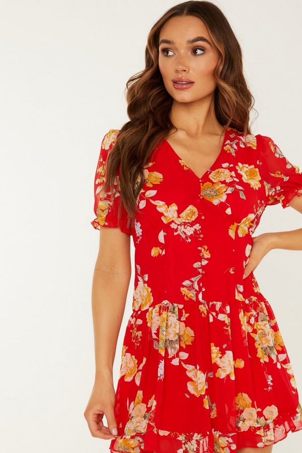 Red Floral Puff Sleeve Dress