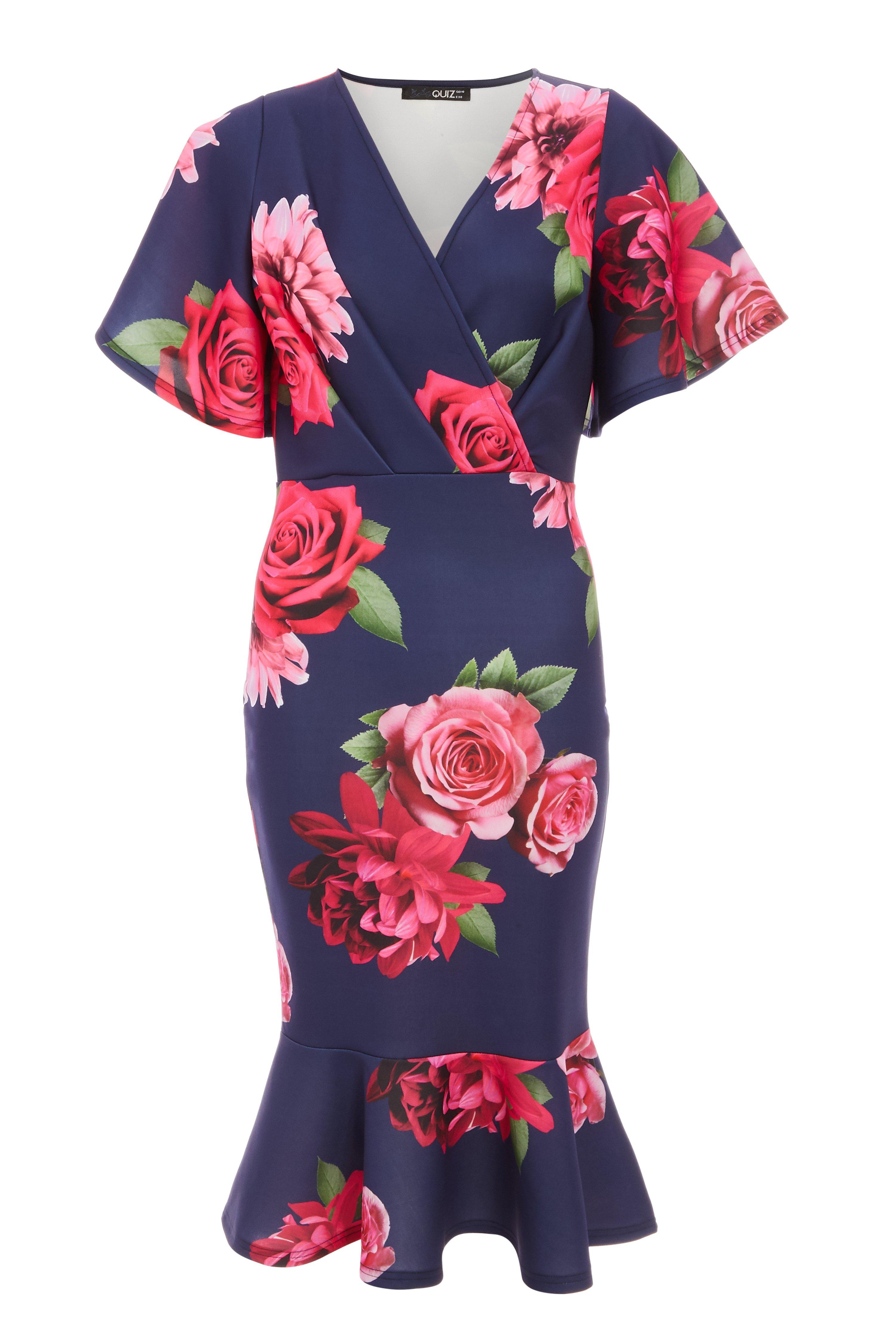 Navy Floral Print Midi Dress - Quiz Clothing