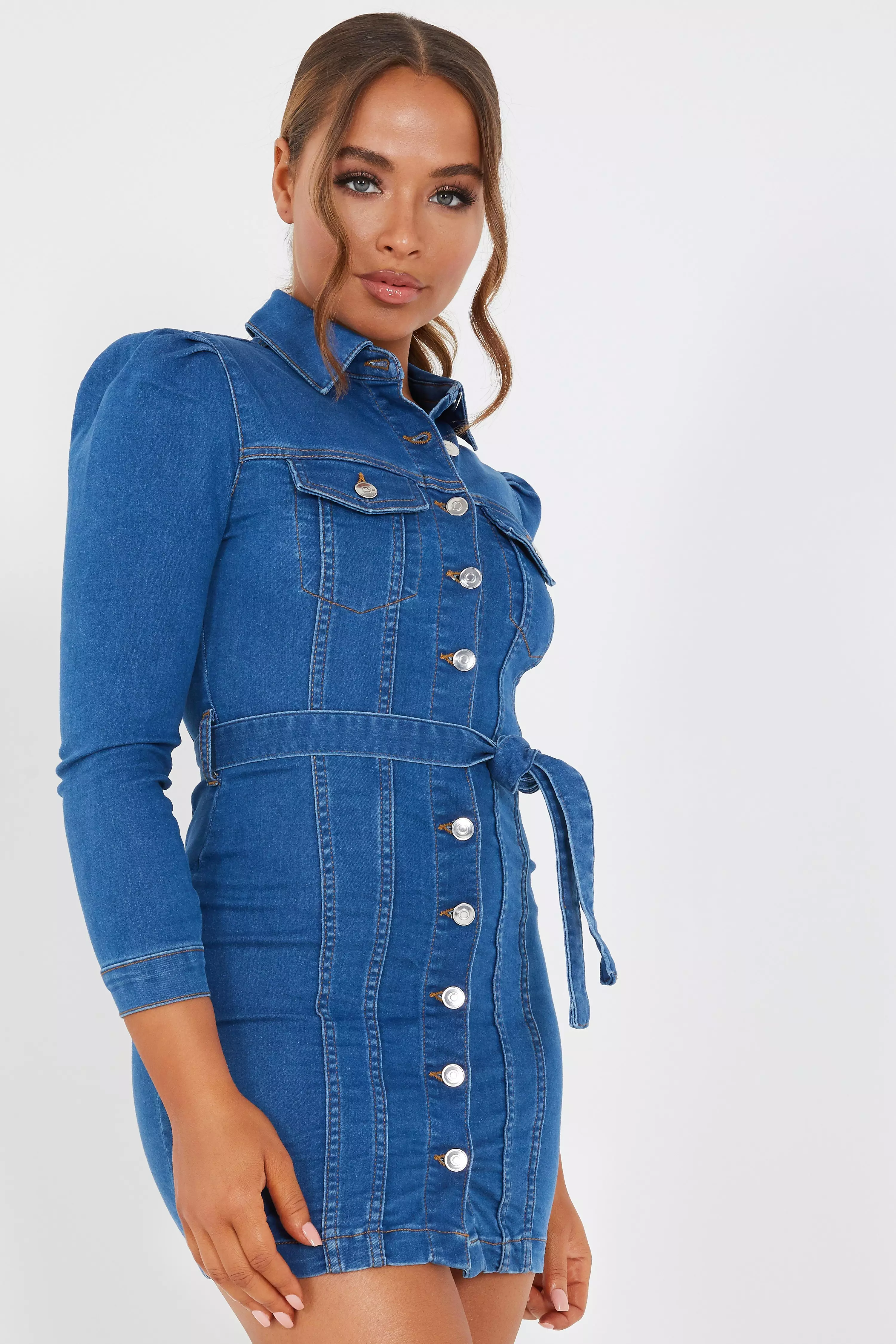 quiz blue denim button front dress