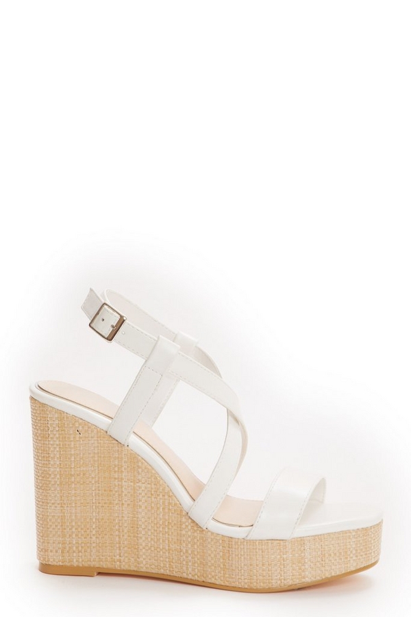White Faux Leather Cross Strap Wedges