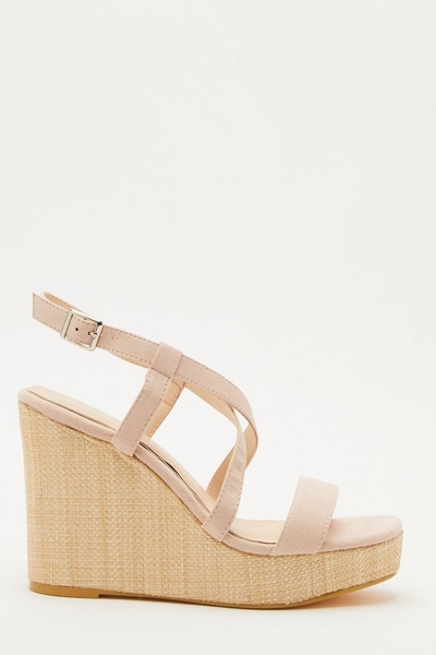 Nude Faux Suede Cross Strap Wedges