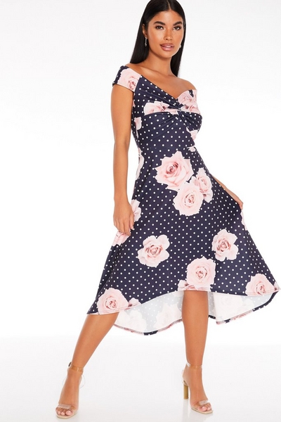 Petite Navy Floral Bardot Dress