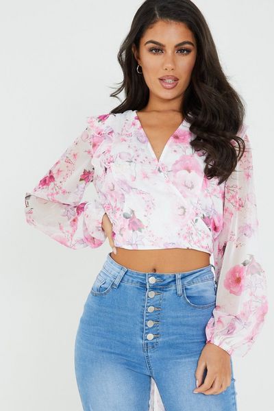 White Floral Wrap Long Sleeve Top