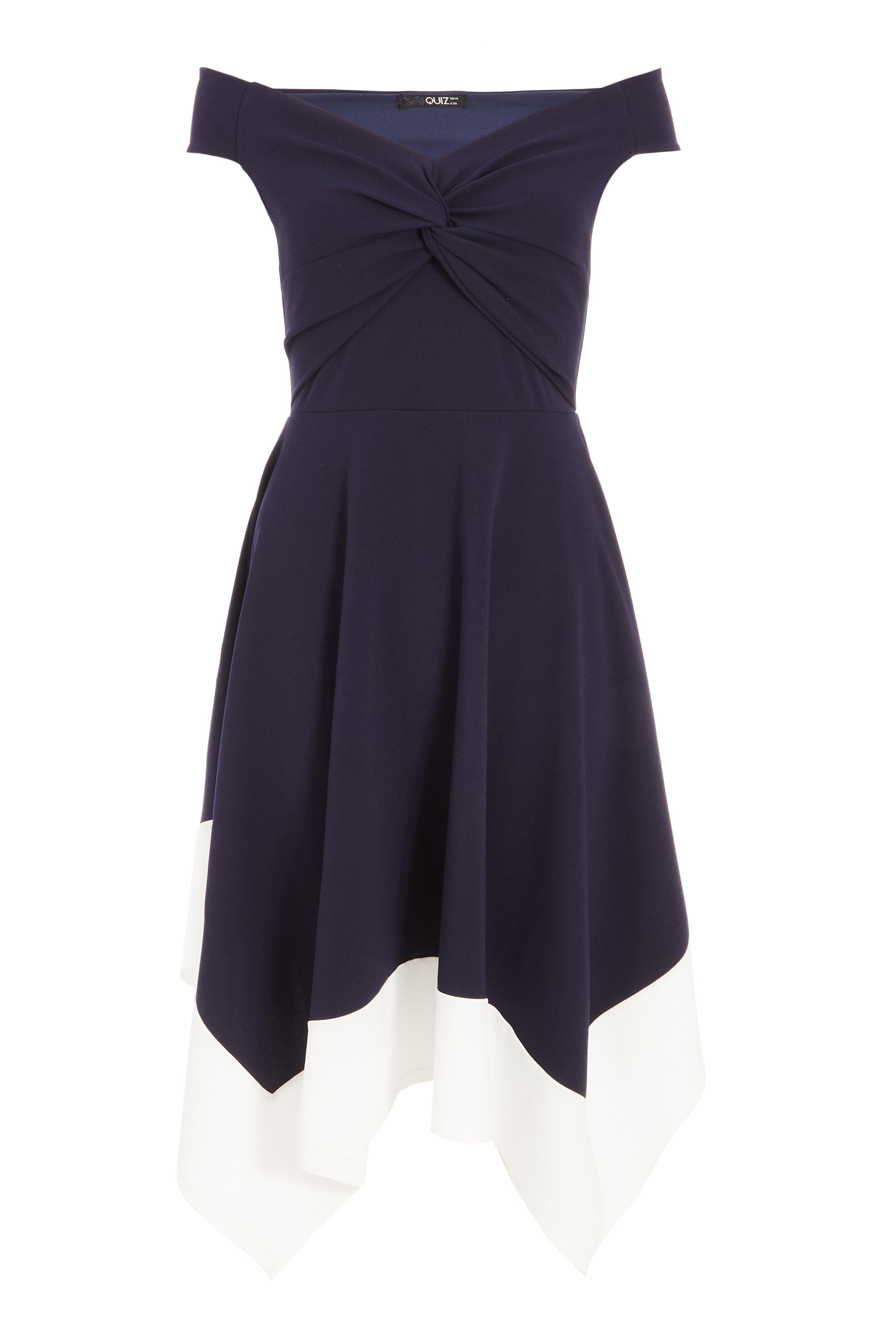 quiz navy bardot knot front dip hem dress