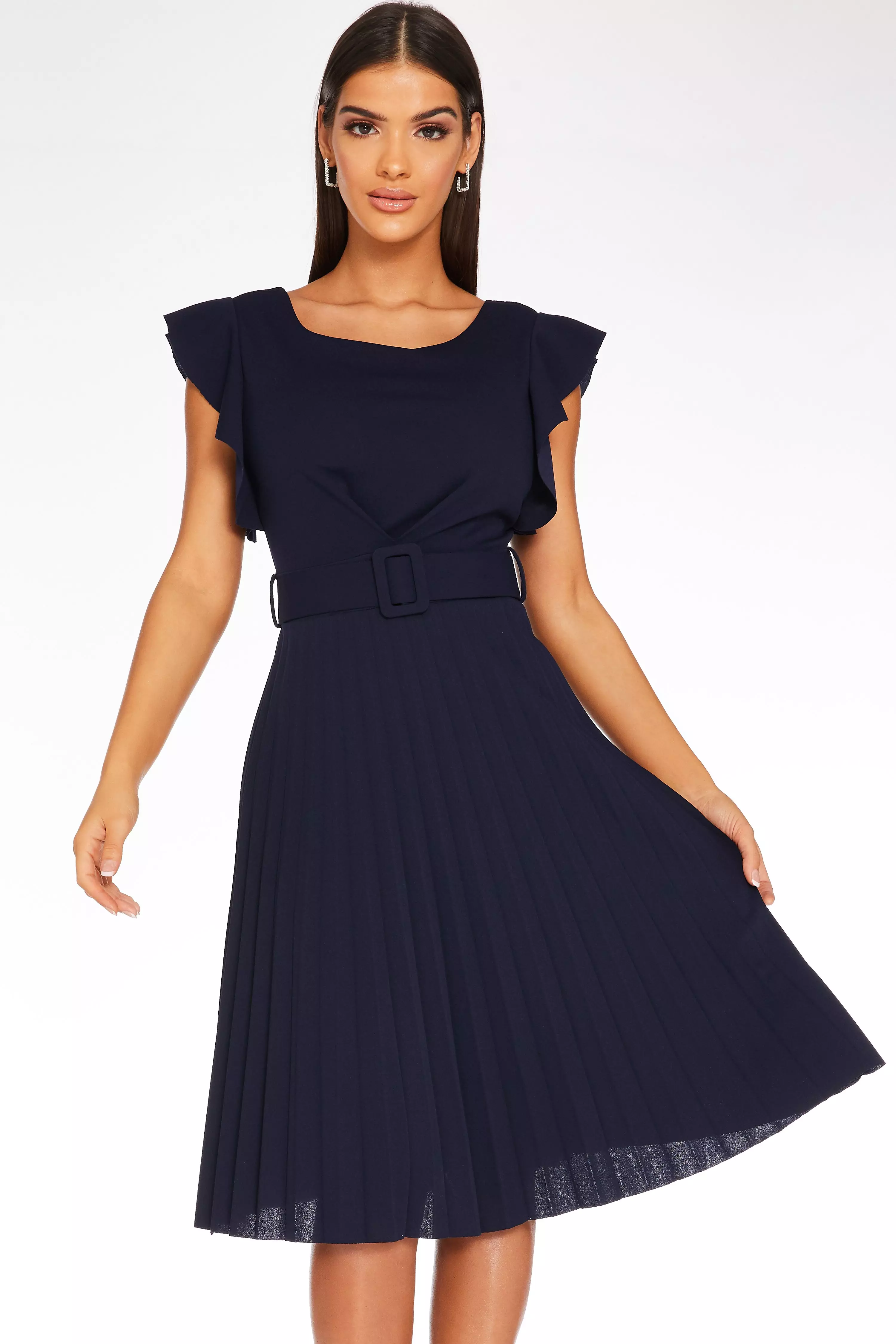 navy midi pleated dress