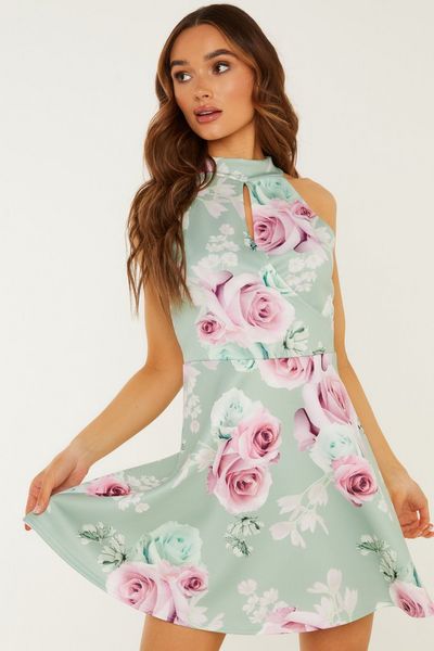 Sage Floral Print Skater Dress