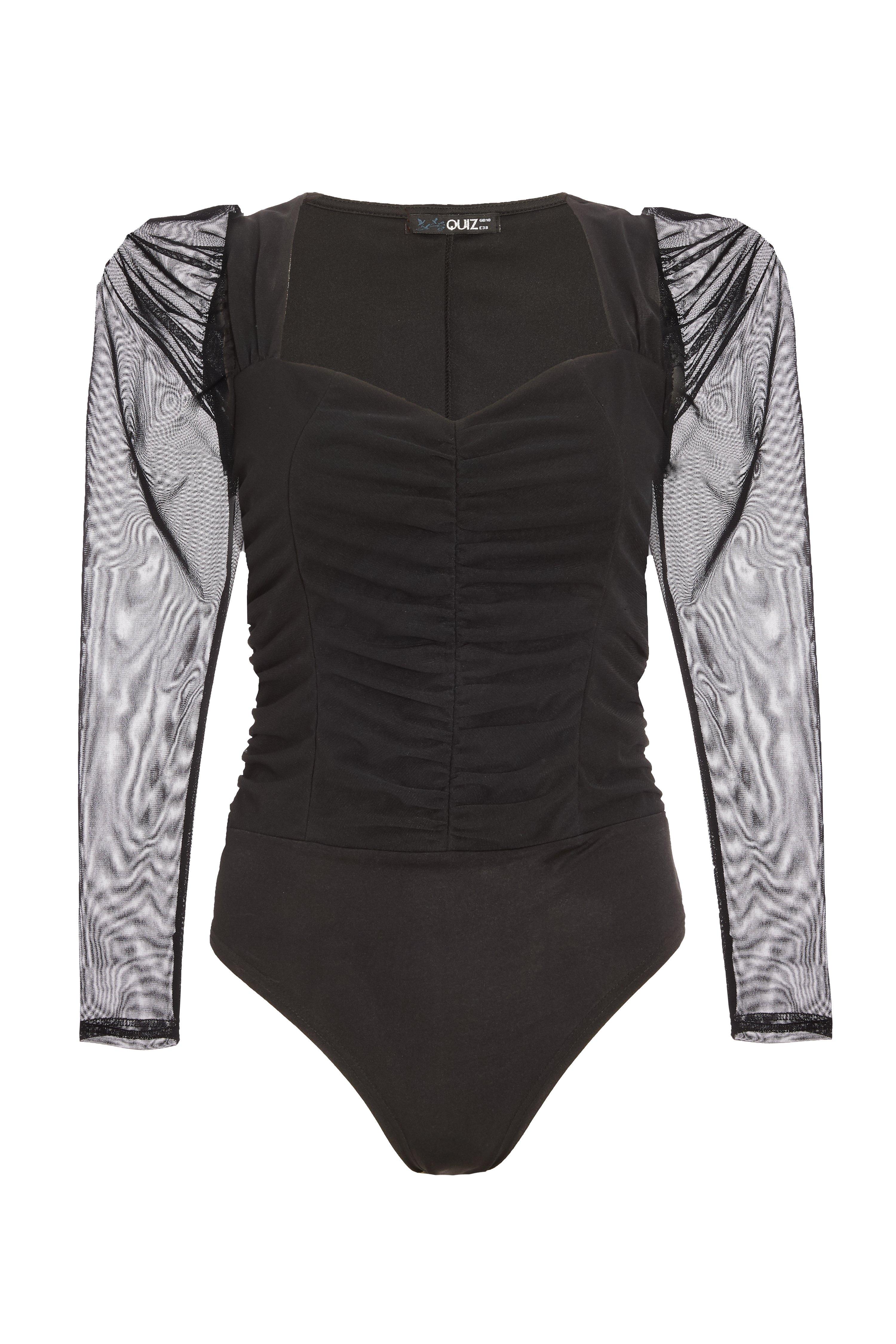 Black Sweetheart Puff Sleeve Bodysuit - Quiz Clothing