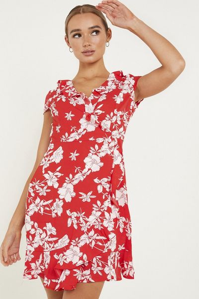 Red & White Floral Wrap Dress
