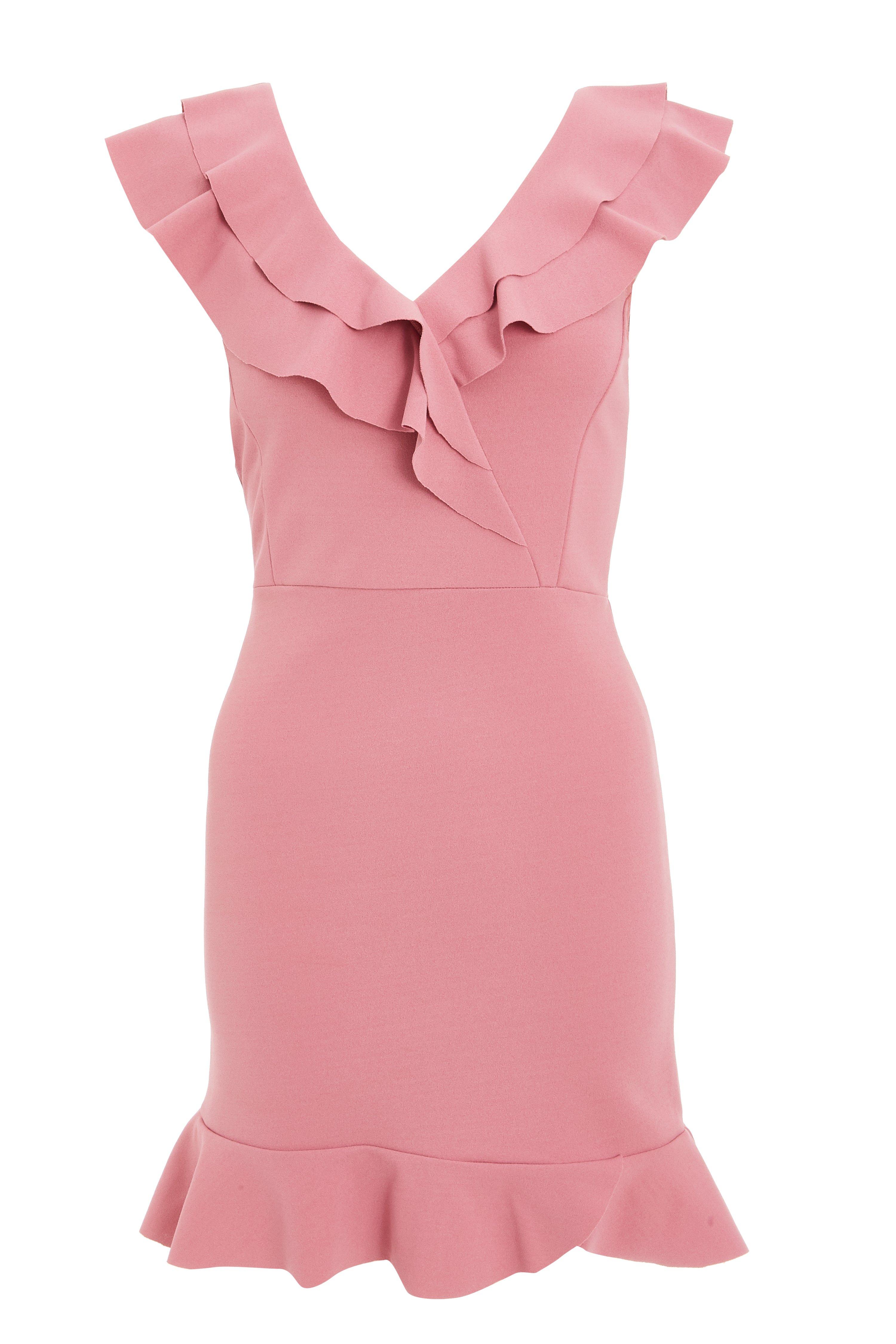 Petite Pink Frill V Neck Dress - Quiz Clothing