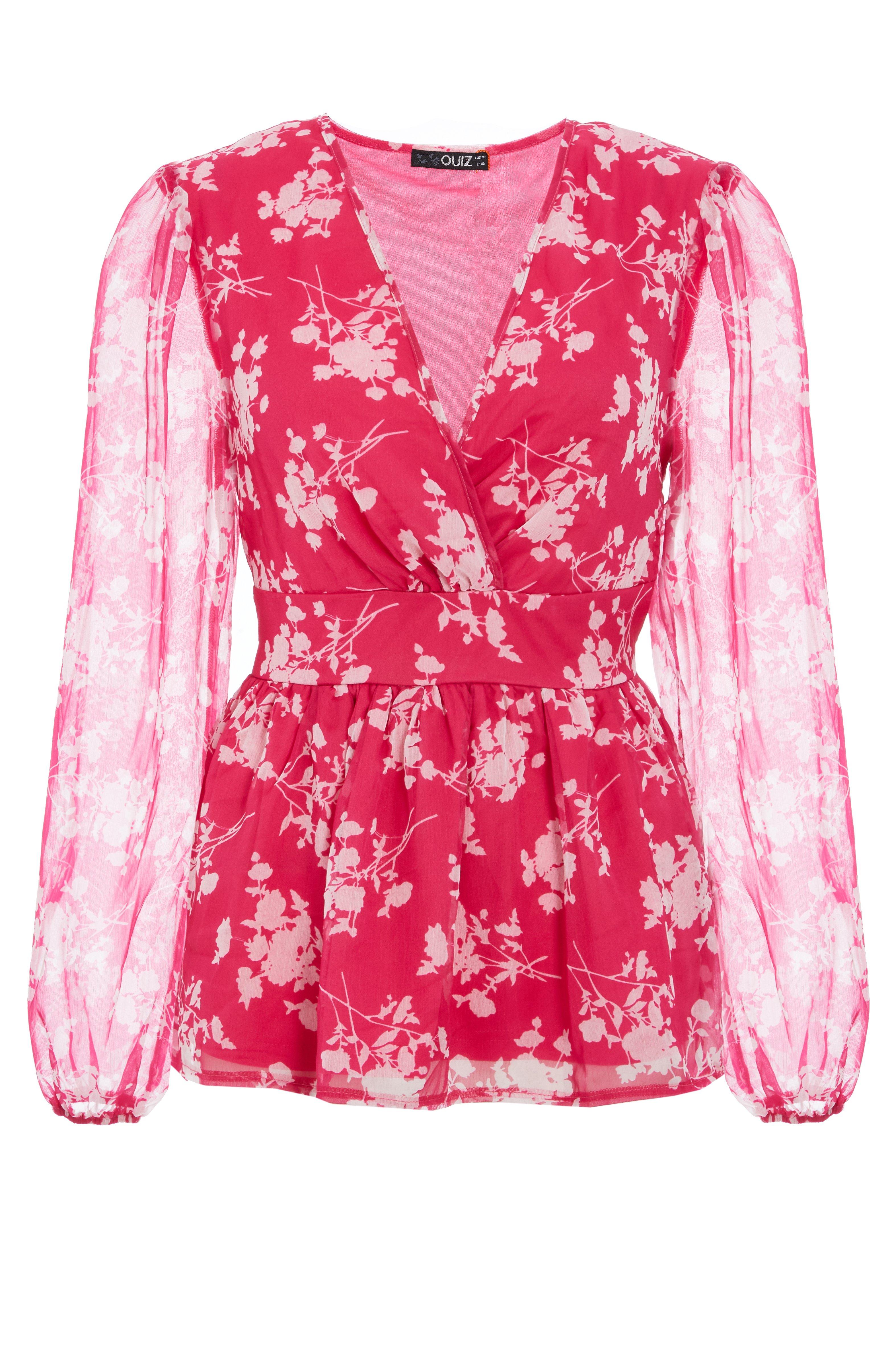 Pink Floral Long Sleeve Peplum Top - Quiz Clothing