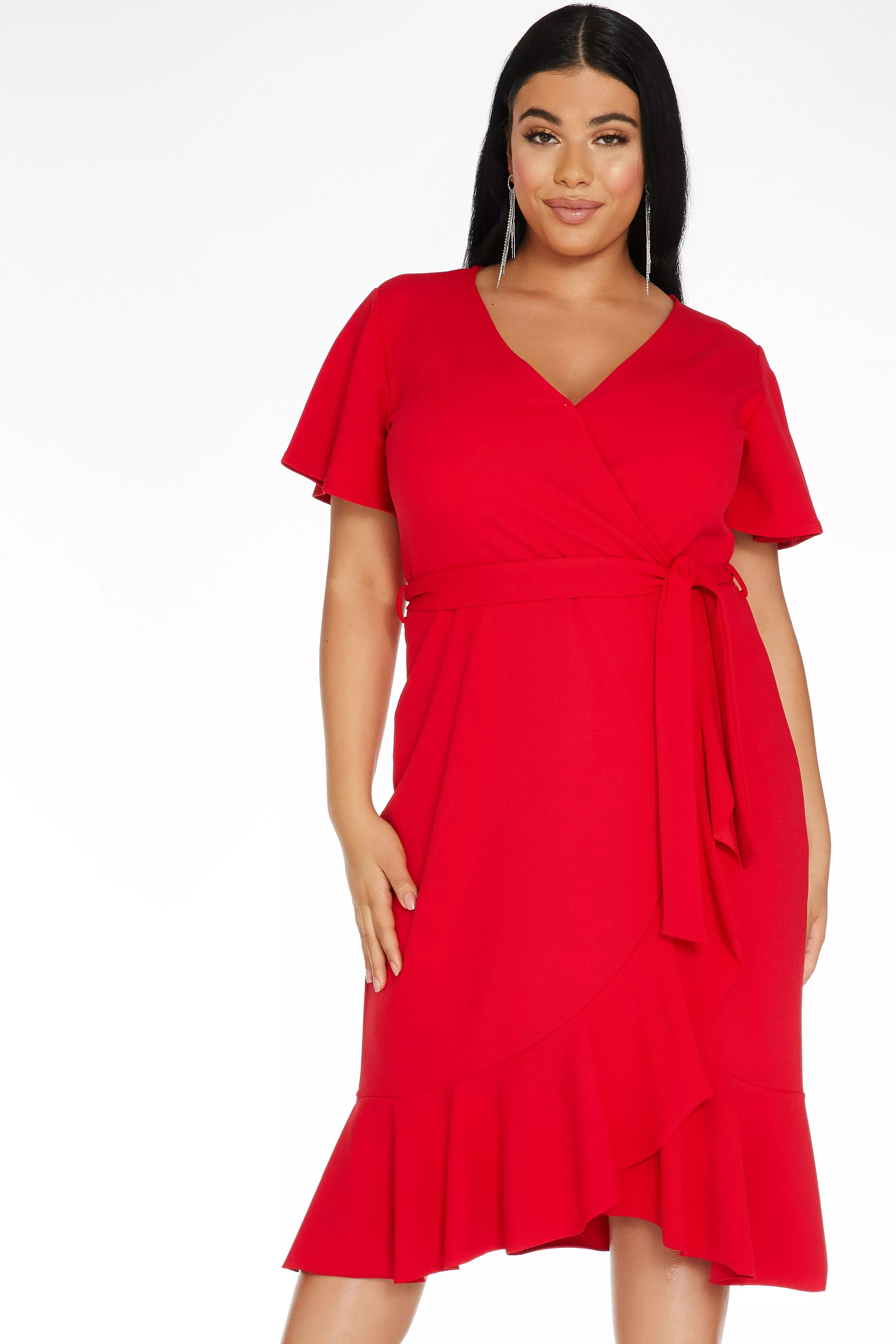 Curve Red Wrap Midi Dress - Quiz Clothing