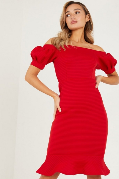 Red Bardot Midi Dress