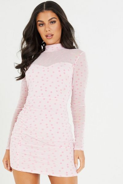 Pink Mesh Polka Dot Bodycon Dress
