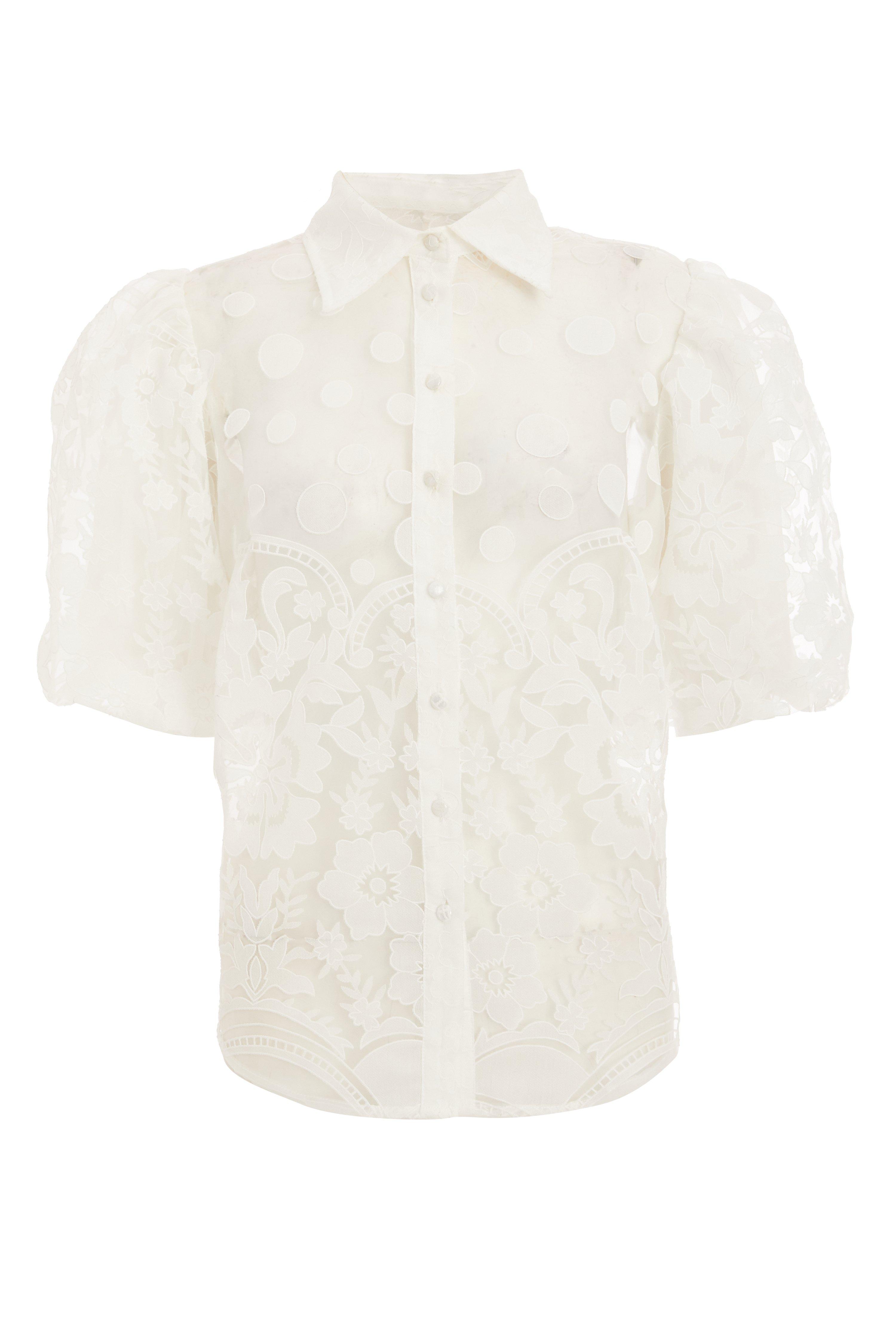 Cream Embroidered Organza Puff Sleeve Blouse - Quiz Clothing