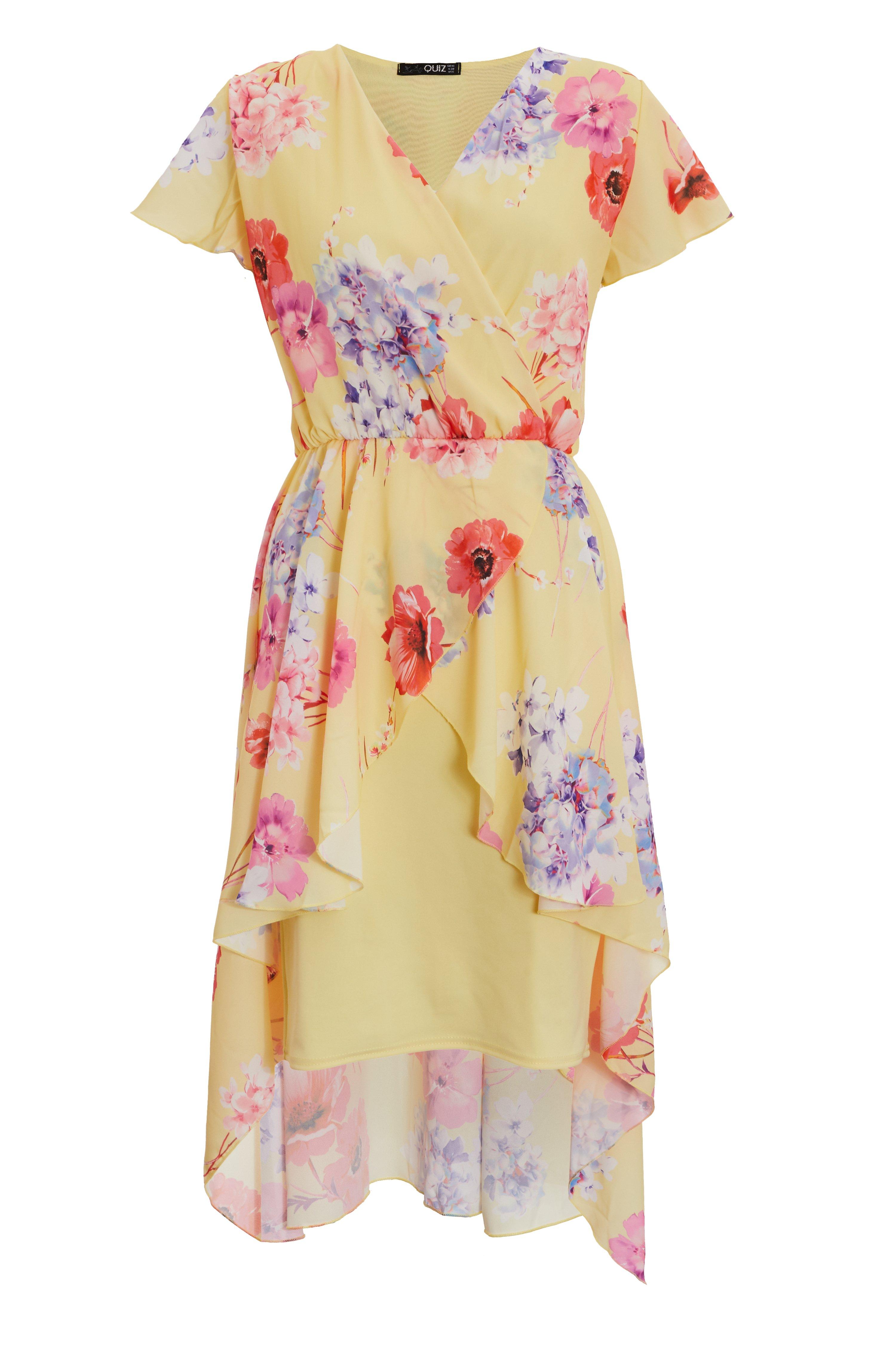 Yellow Floral Dip Hem Dress - Quiz Clothing