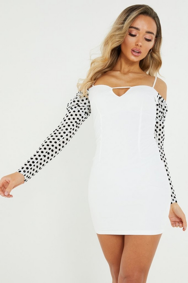 White Polka Dot Bardot Mini Dress