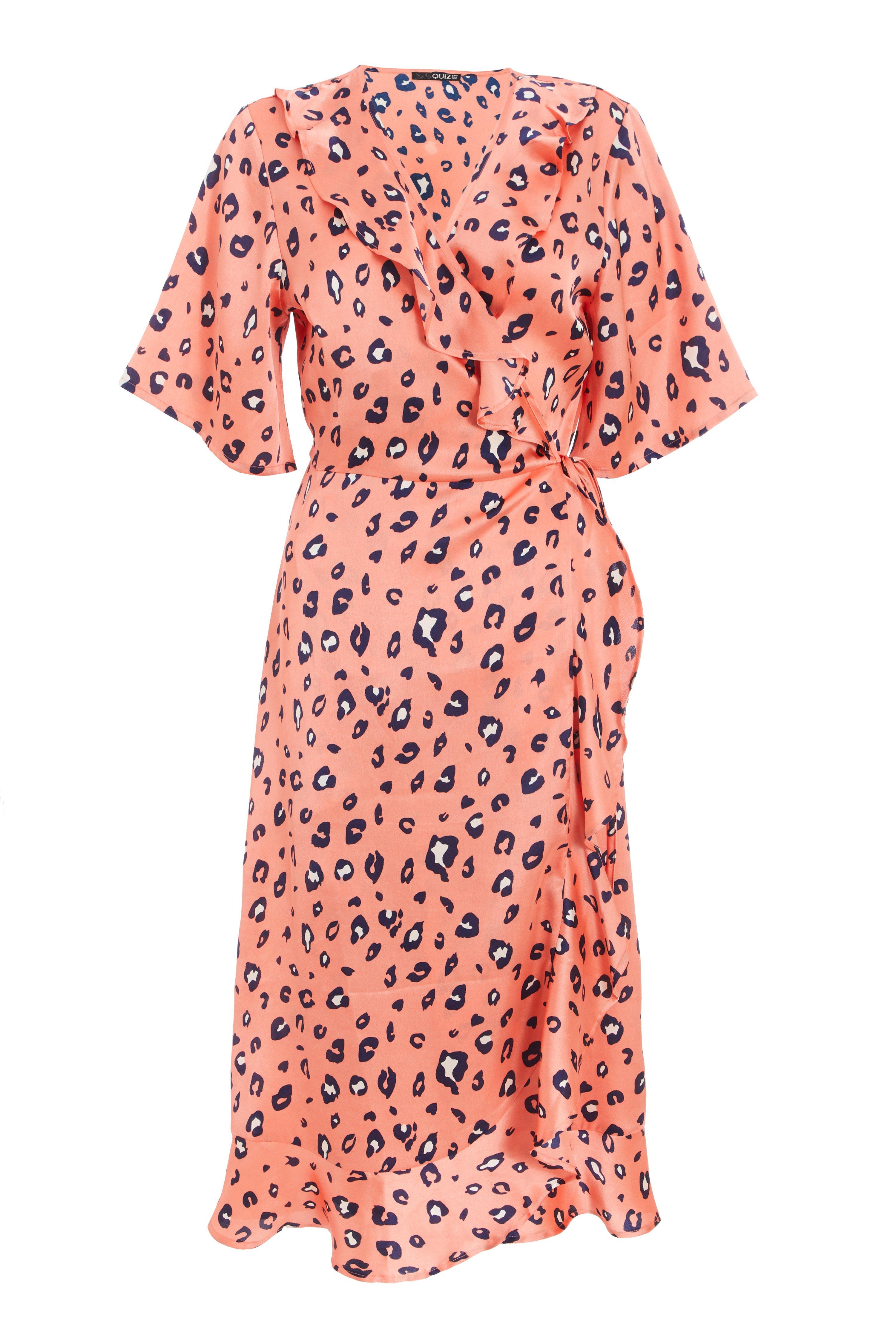 Coral Leopard Print Wrap Midi Dress ...