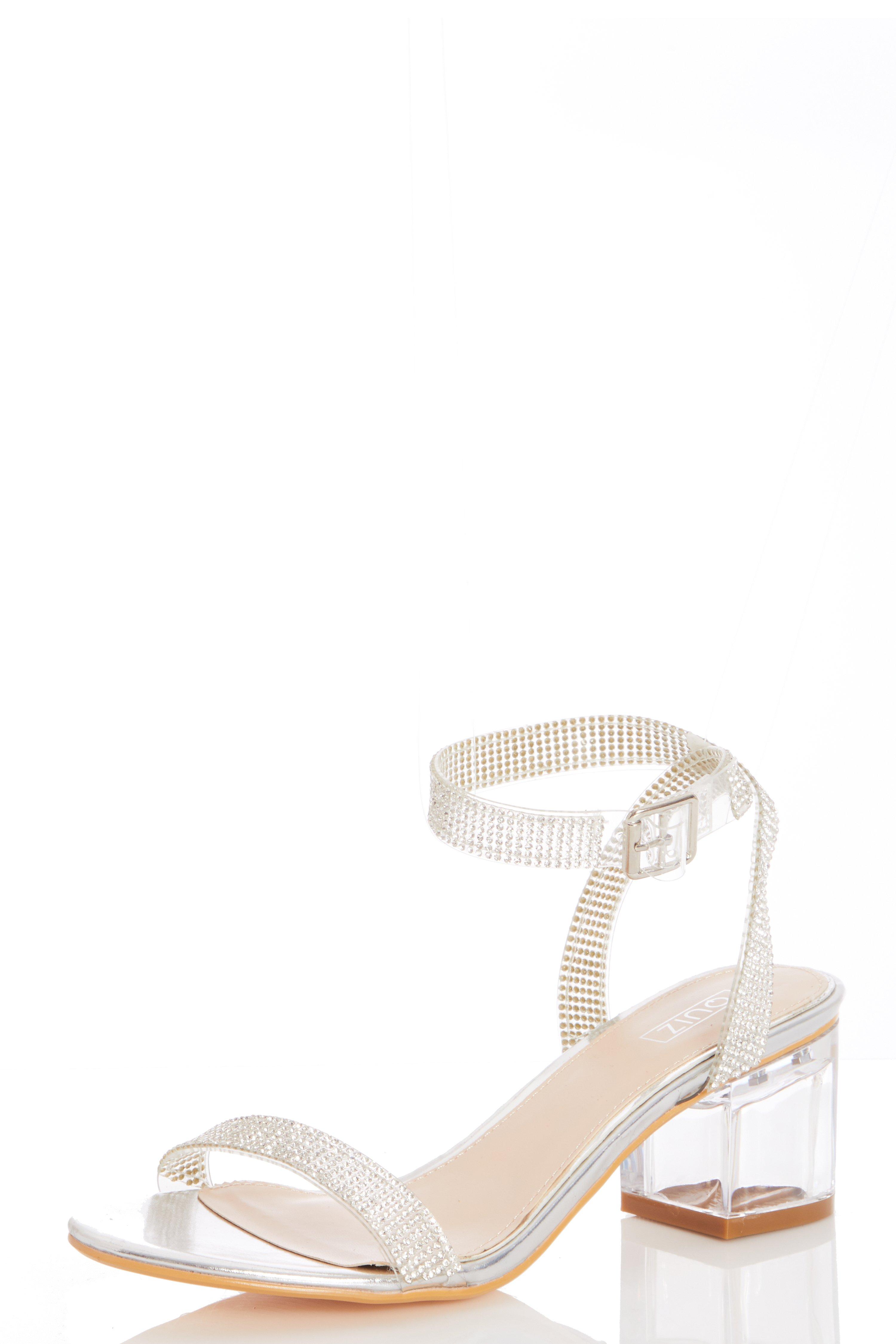 quiz silver diamante mid heel sandals