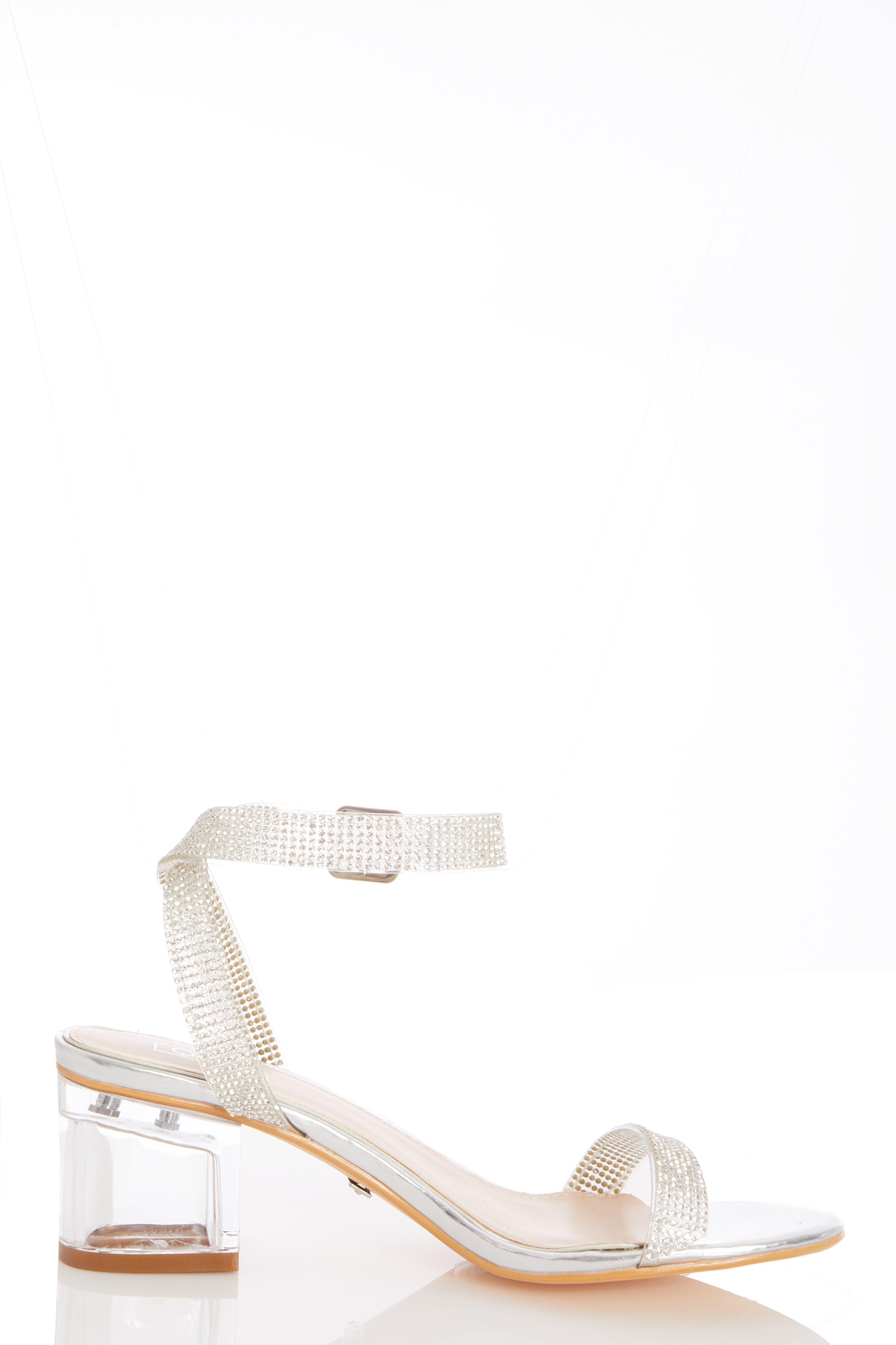 quiz silver diamante mid heel sandals