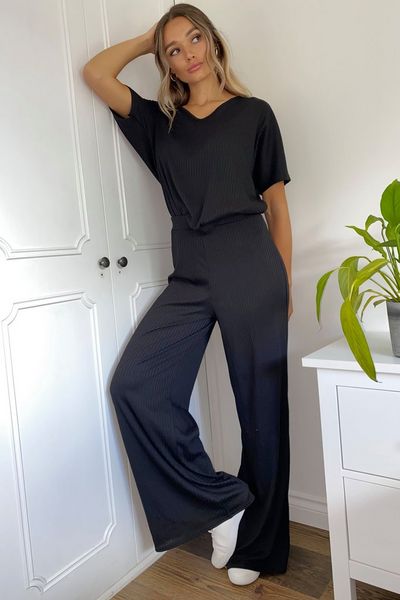 Black Ribbed High Waist Trousers