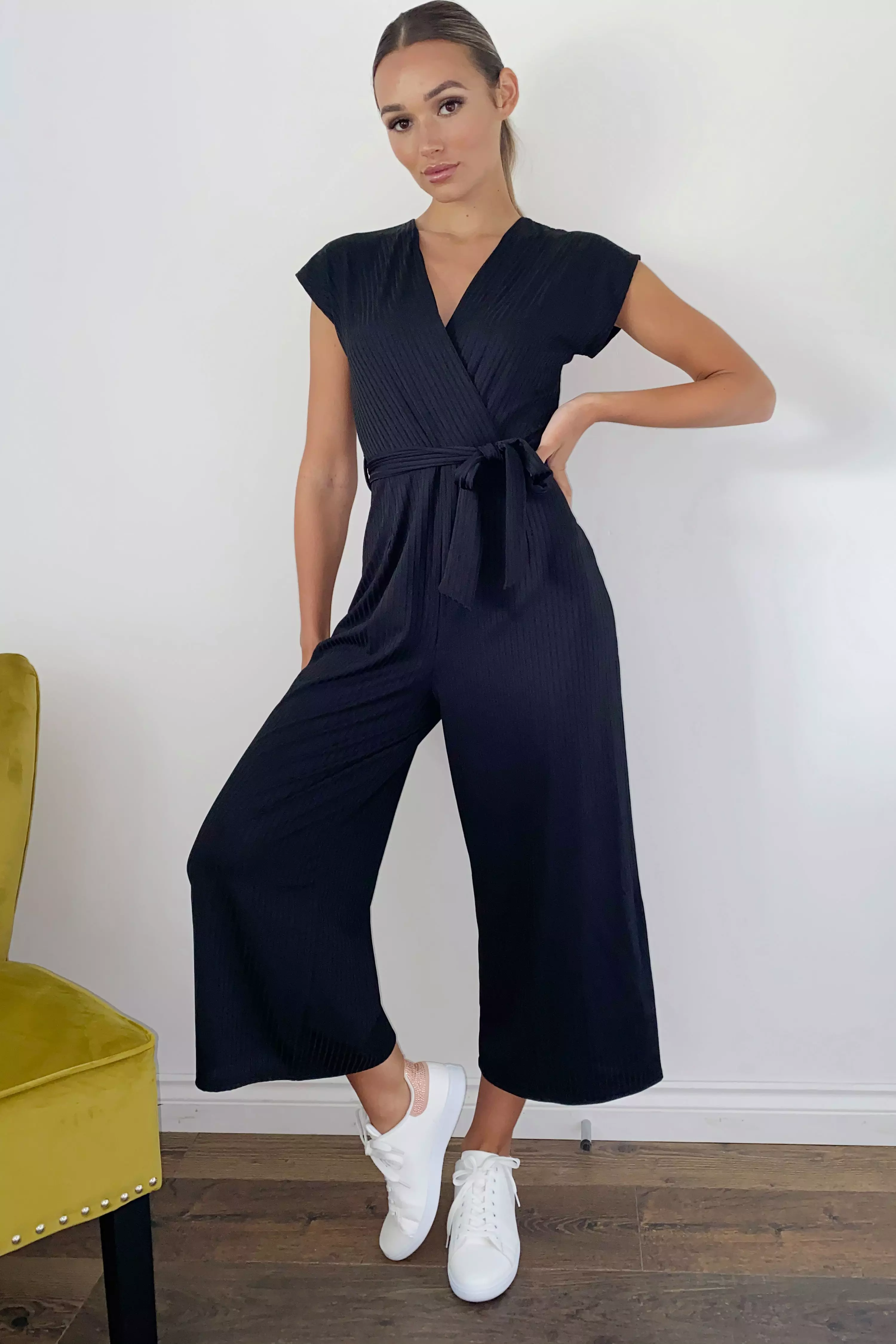 black ribbed wrap front culotte jumpsuit