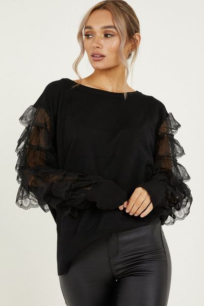 Black Knitted Lace Sleeve Jumper