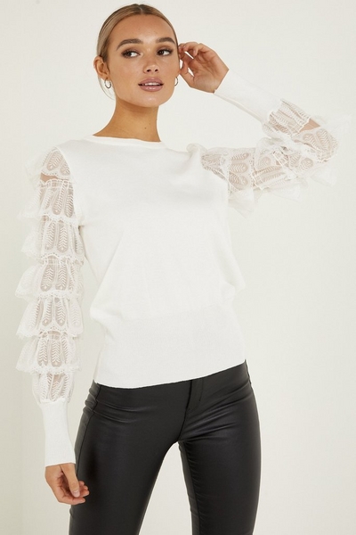 Cream Knitted Lace Sleeve Jumper