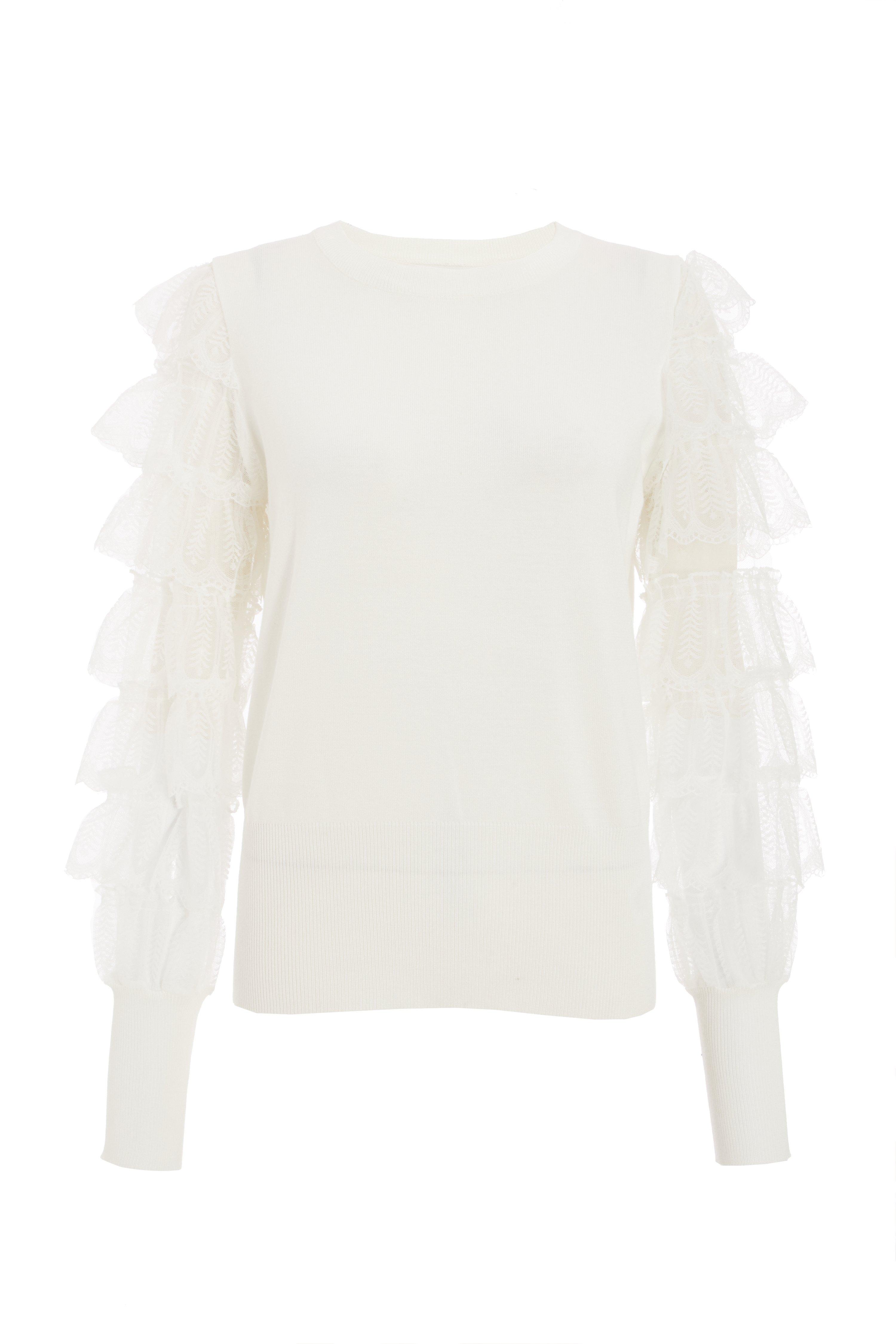 Cream Knitted Lace Sleeve Jumper - Quiz Clothing