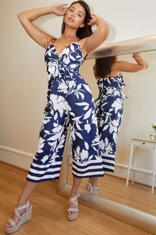 Navy Floral Culotte Jumpsuit - Quiz Clothing
